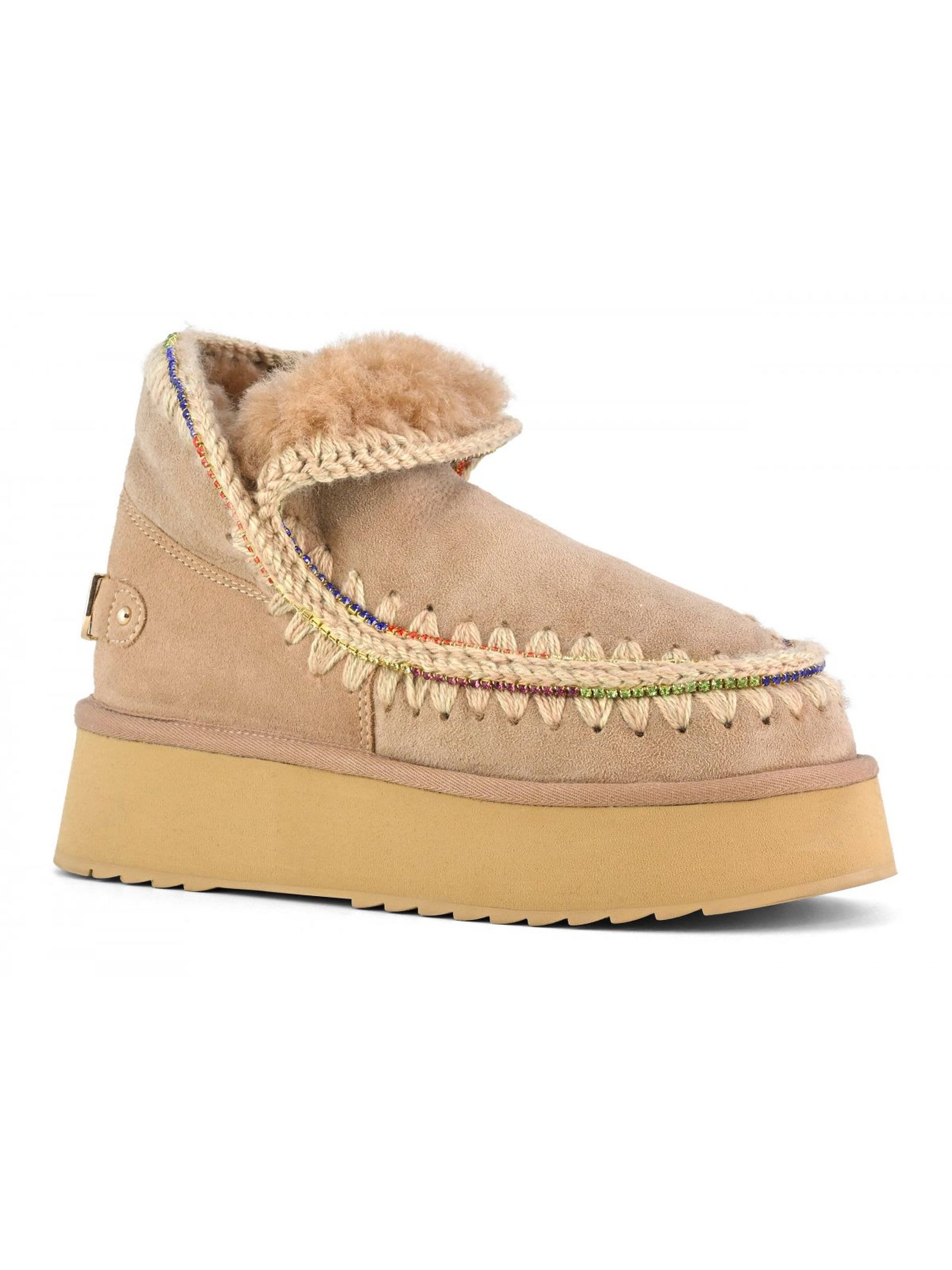 Shop Mou Eskimo 18 Platform Rhinestones Camel Suede In Beige