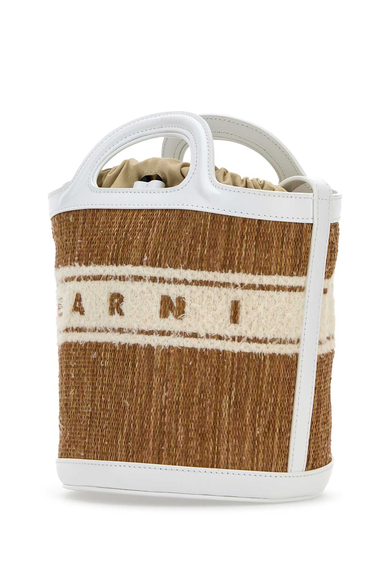 Marni Women Two-tone Raffia And Leather Tropicalia Bucket Bag In Ecruwhite