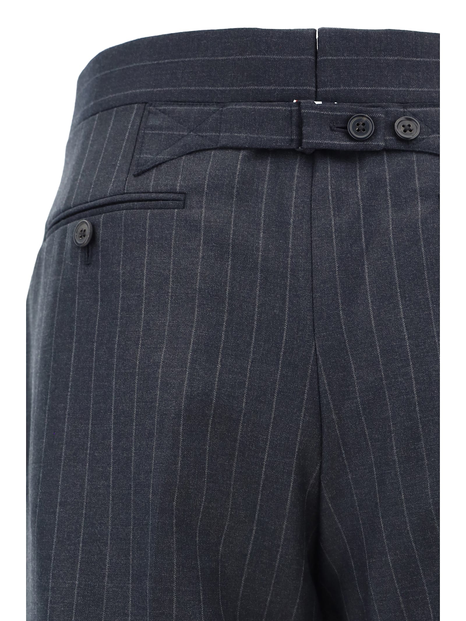 Thom Browne Grey Pinstripe Pants With Concealed Closure In Wool Man In Charcoal