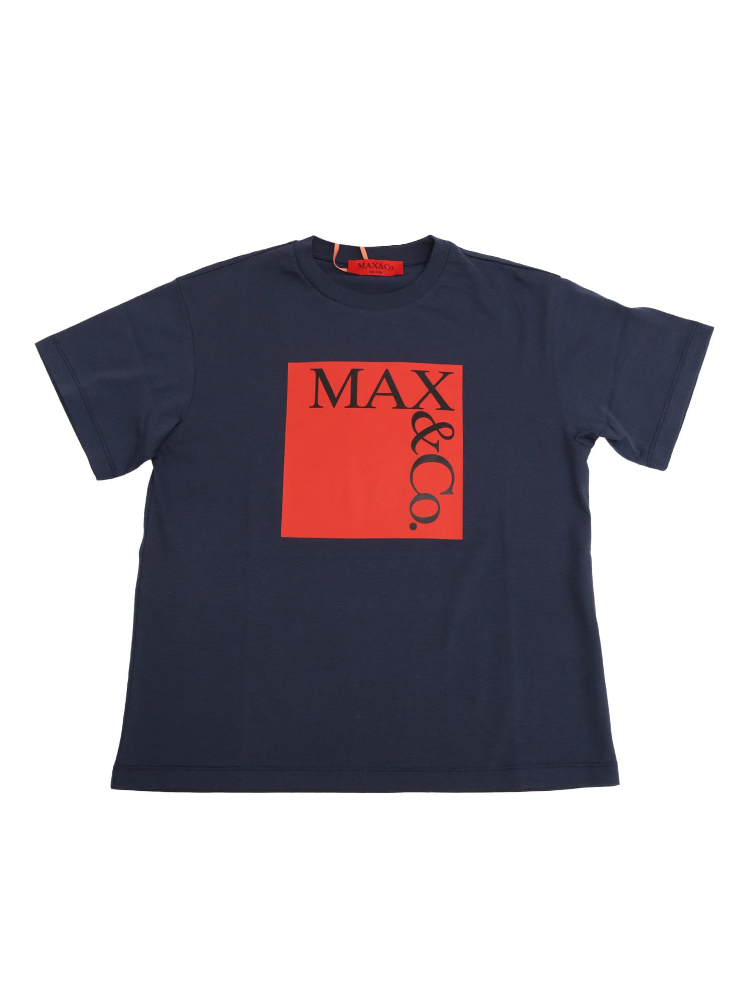 Max&co. Blue Crewneck T-shirt With Maxi Logo Print On The Front In Tech Fabric Girl In Blue