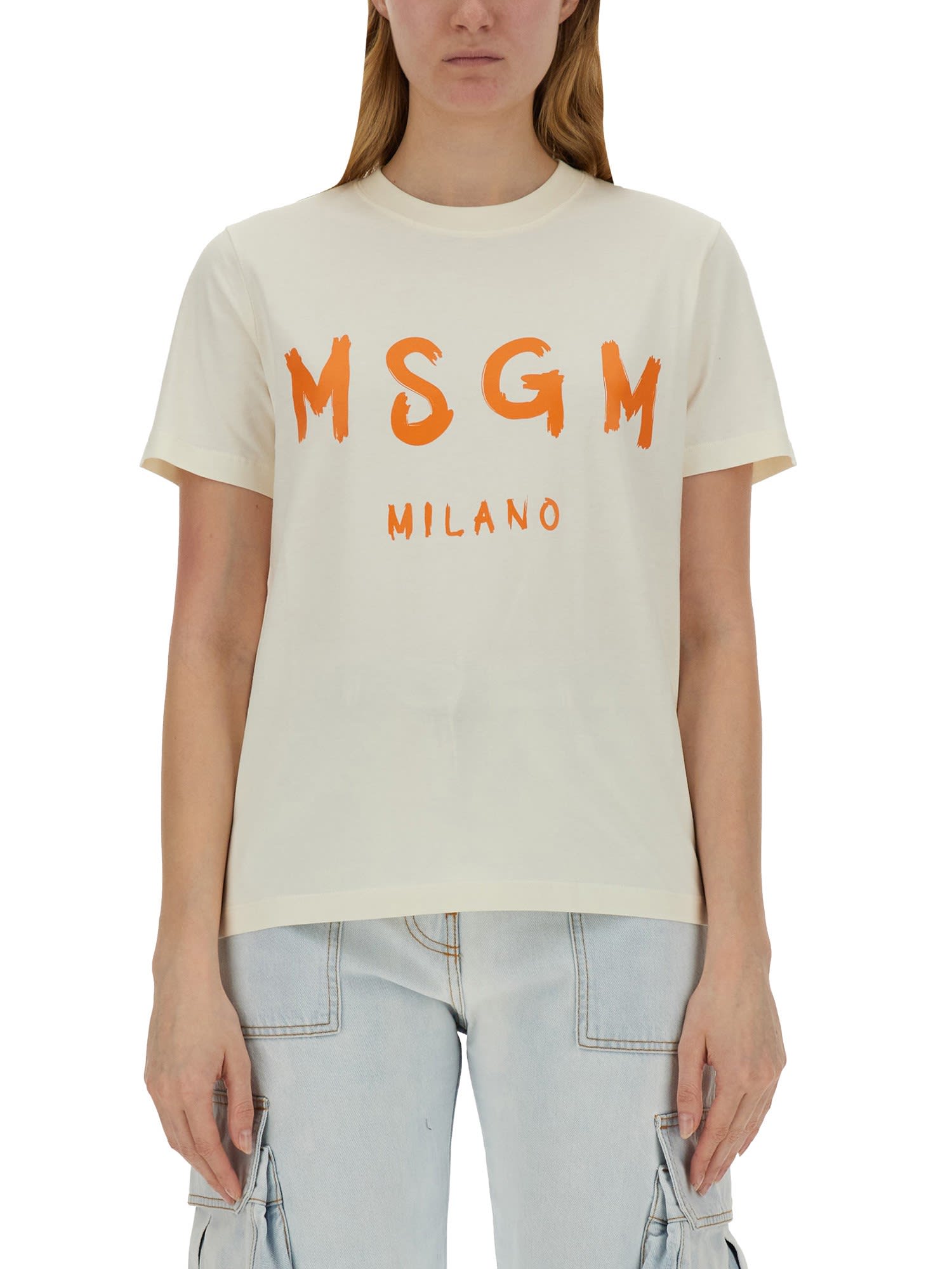 Shop Msgm T-shirt With Logo In Bianco