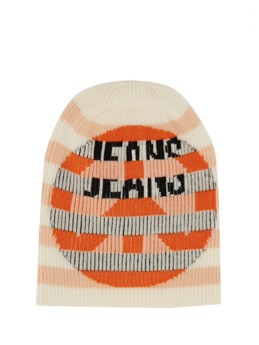 Moschino Heart Pattern Ribbed Soft Striped Hat In Multi