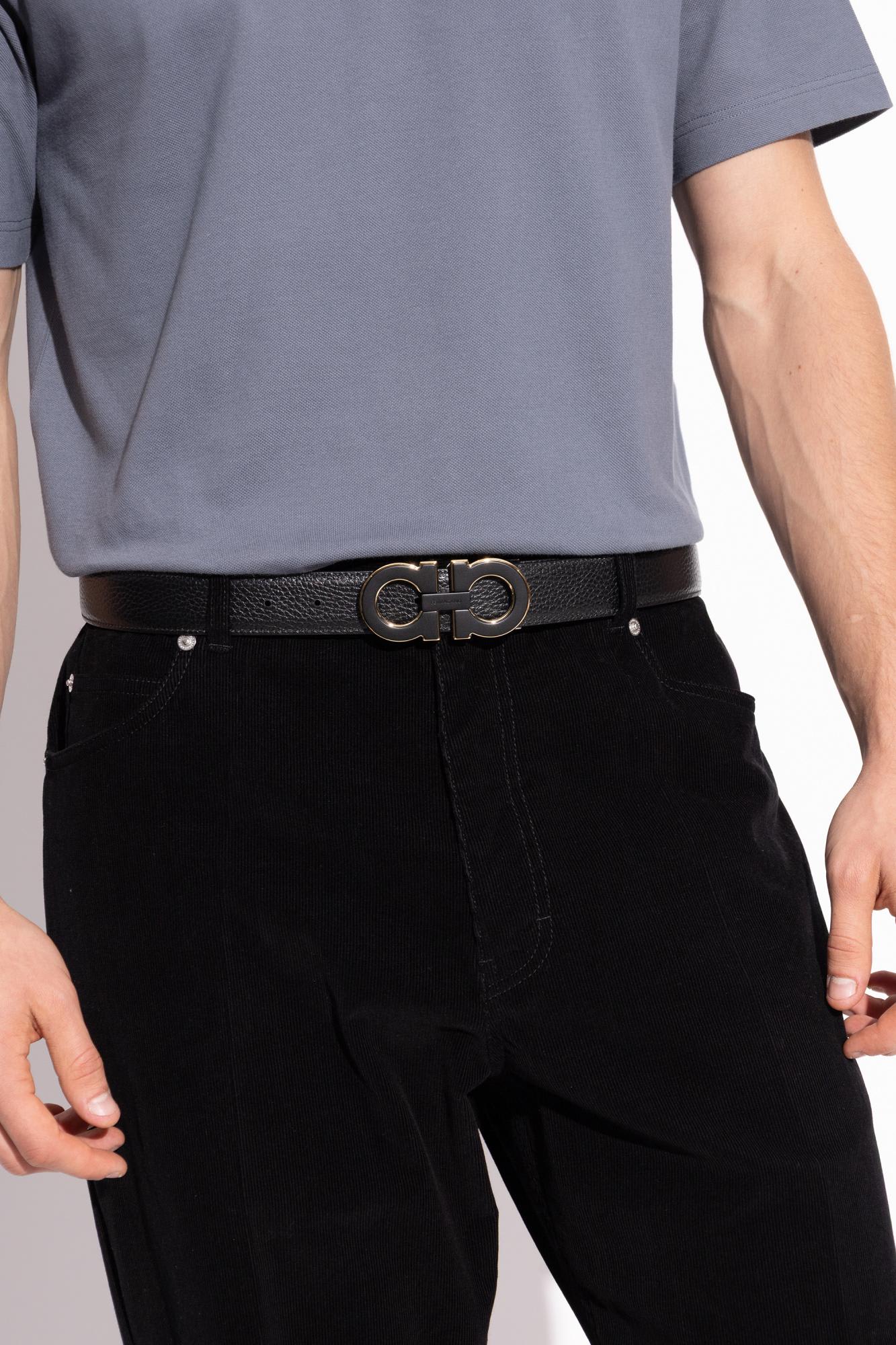 Ferragamo Double Gancini Leather Belt In Black