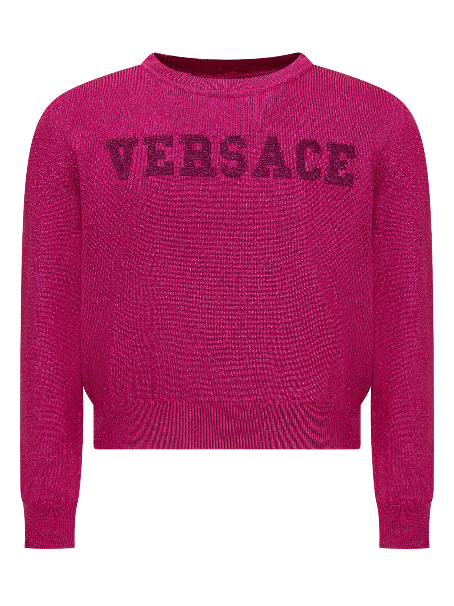 Shop Versace Sweater With Logo In Fuchsia Lurex