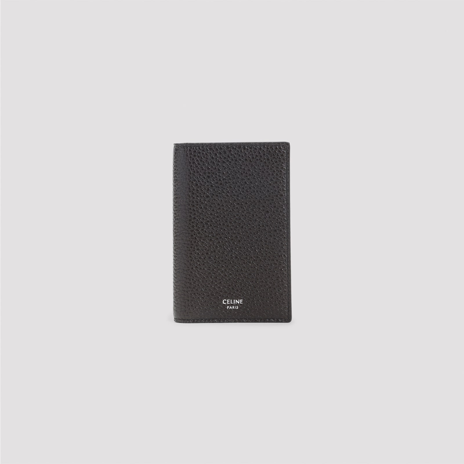 Celine Vertical Card Holder In Grained Calfskin In Gray
