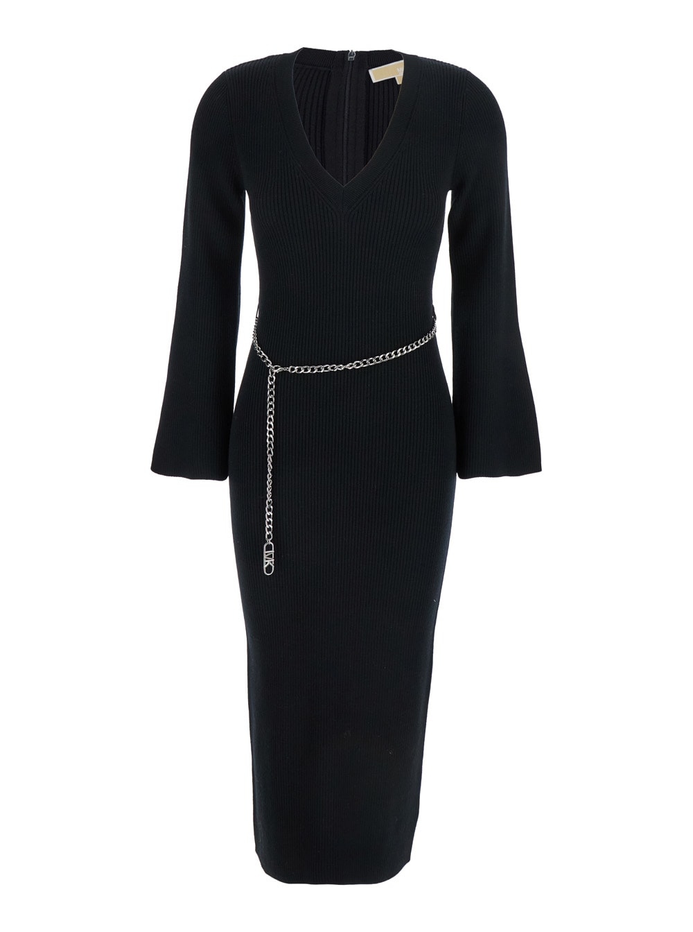 Michael Michael Kors Chain-belt Ribbed Midi Dress In Black
