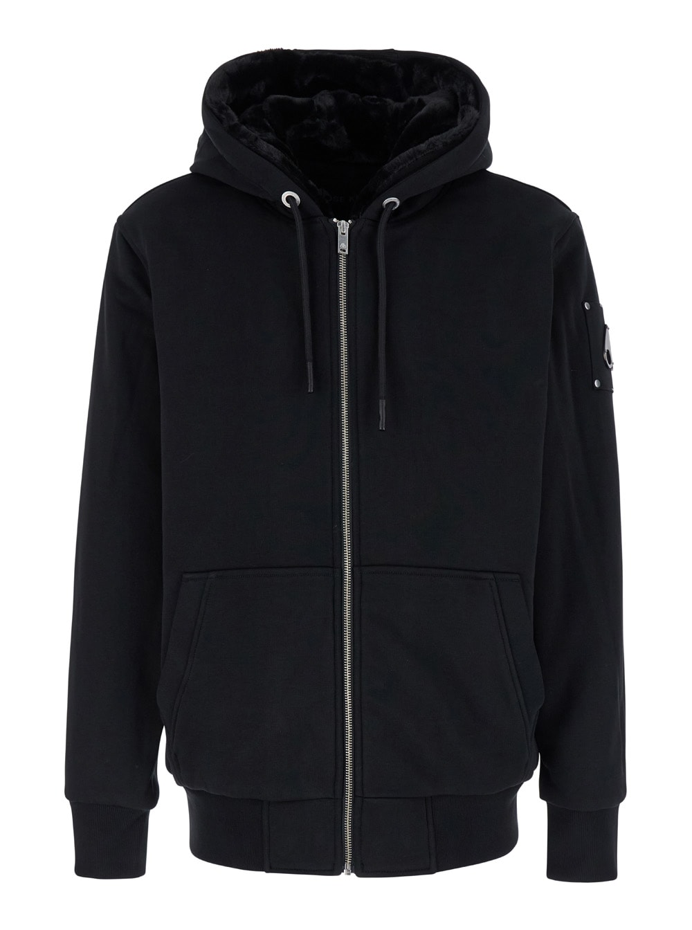 Moose Knuckles Classic Bunny Black Hoodie With Logo Patch On The Sleeve In Cotton Blend Man In Black