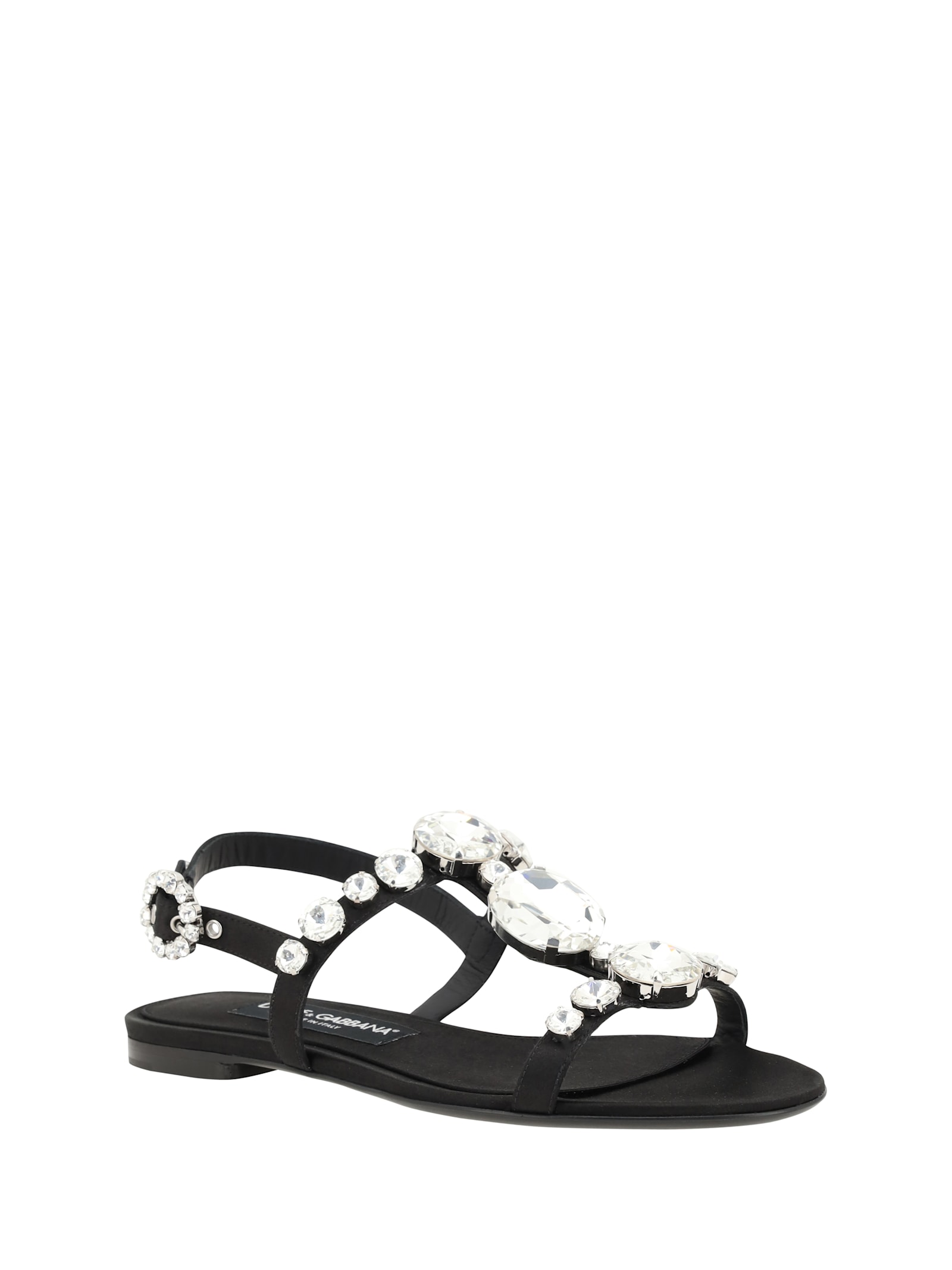 Dolce & Gabbana Black Sandals With Embroidered Stones Decorations In Satin Woman In Nero/crystal