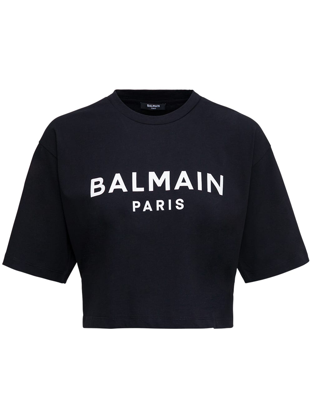 Balmain Black Crop T-shirt In Jersey With Contrasting Logo Print On Front