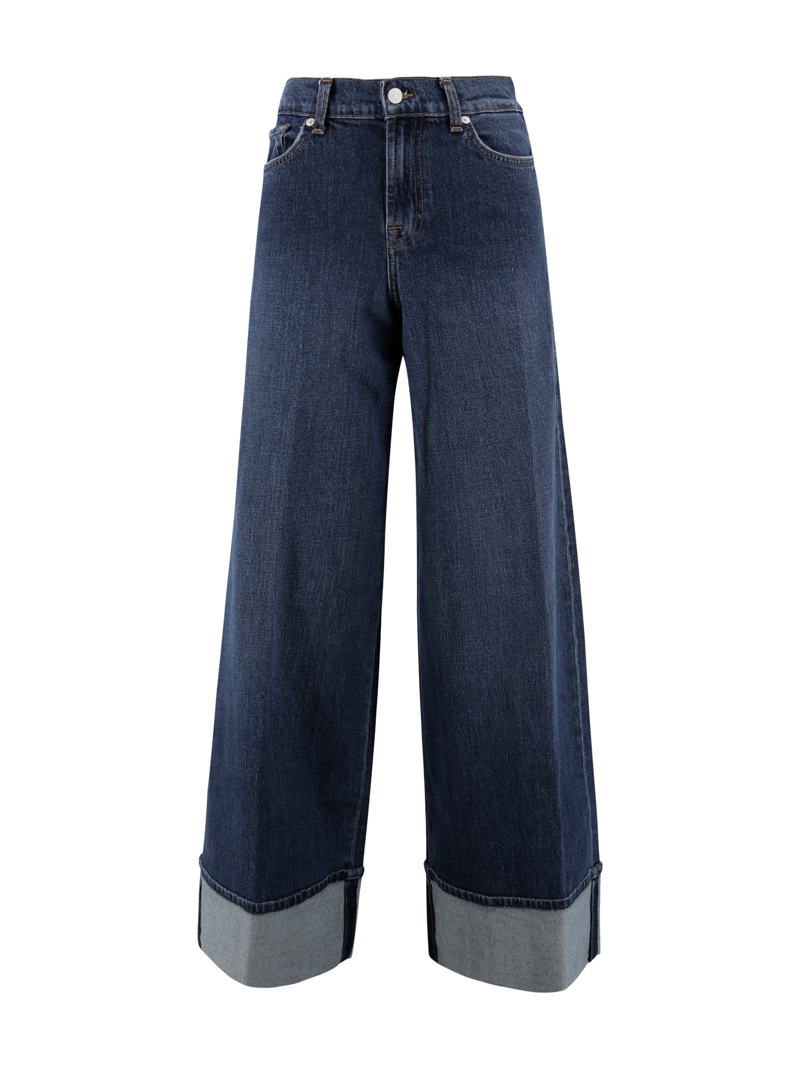 7 For All Mankind Wide-leg Denim Trousers Folded Cuffs In Blue