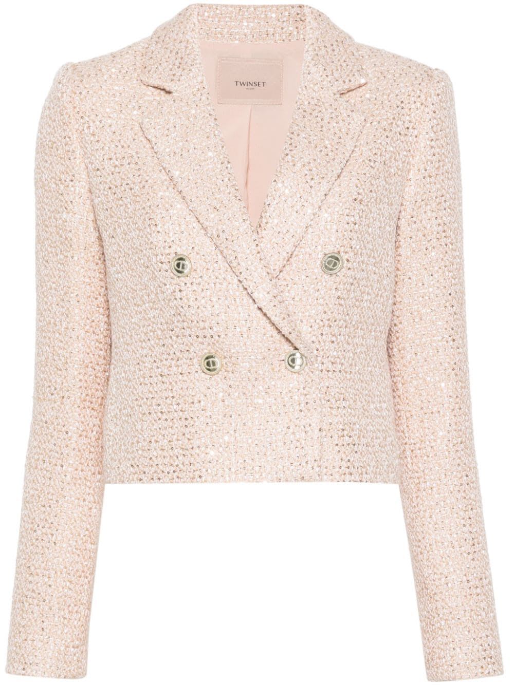 Shop Twinset Boucle Double Breasted Jacket In Boucle Cupcake Pink