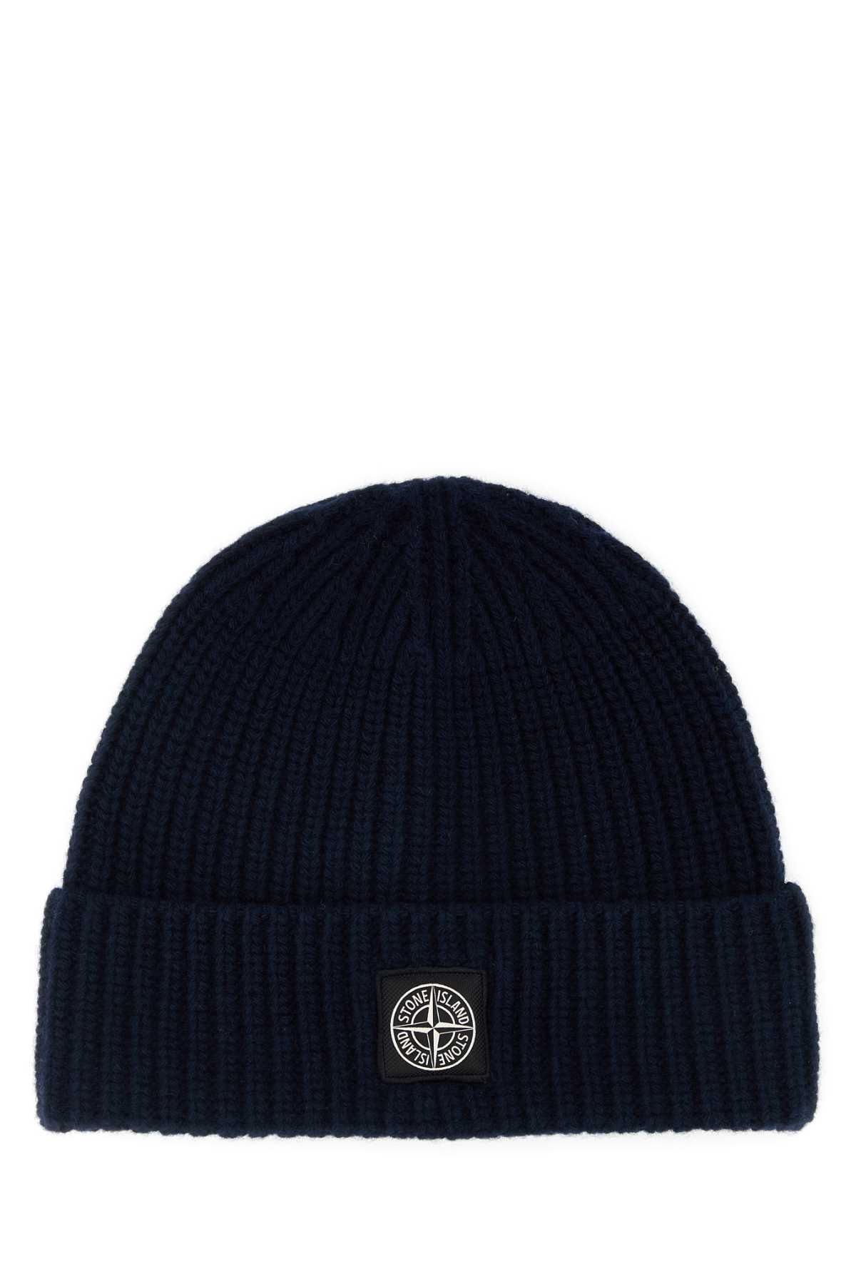 Stone Island Navy Blue Wool Beanie In Black
