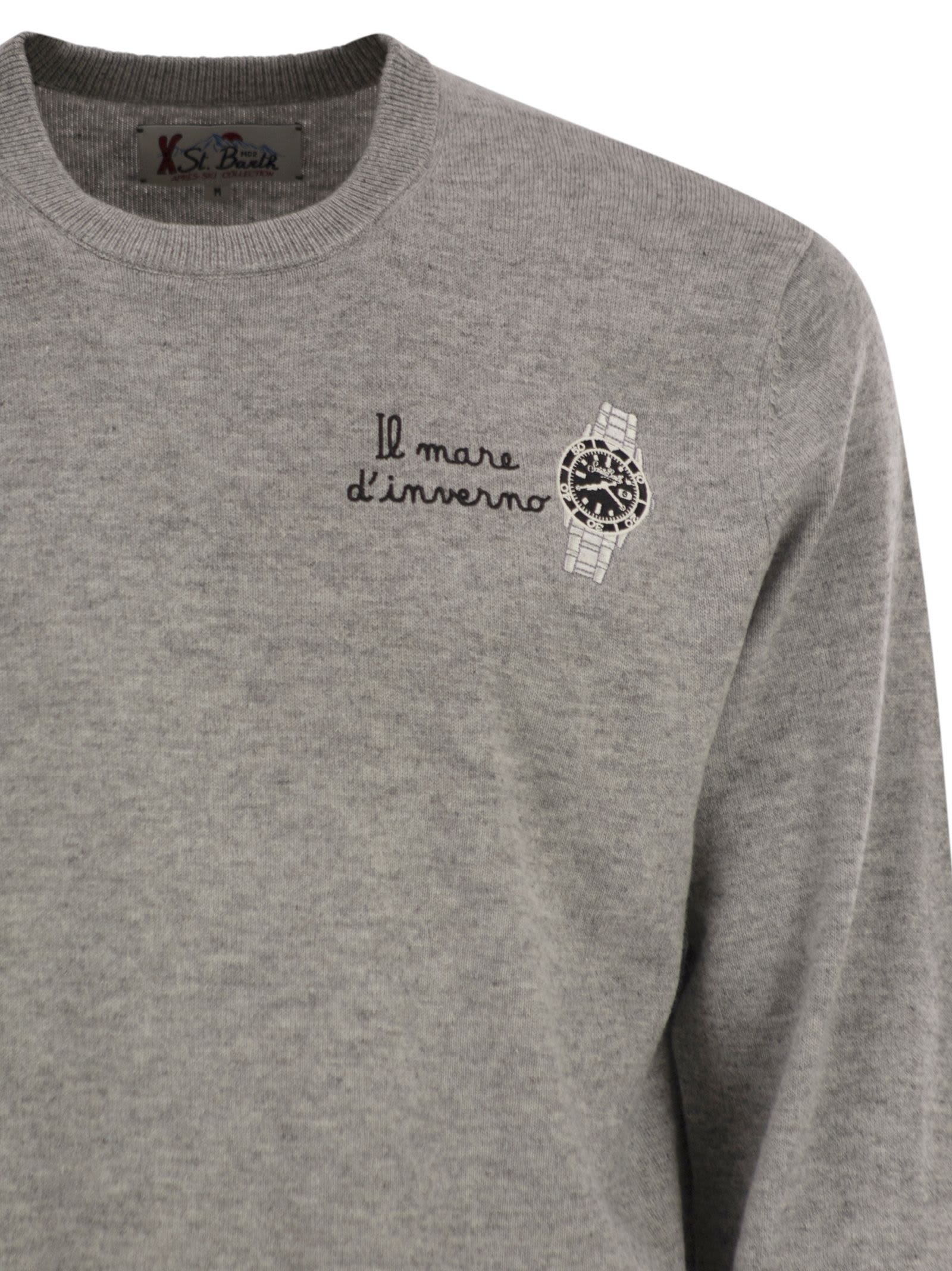 Mc2 Saint Barth Heron - Crew Neck Jumper With Embroidery On The Chest In Gray