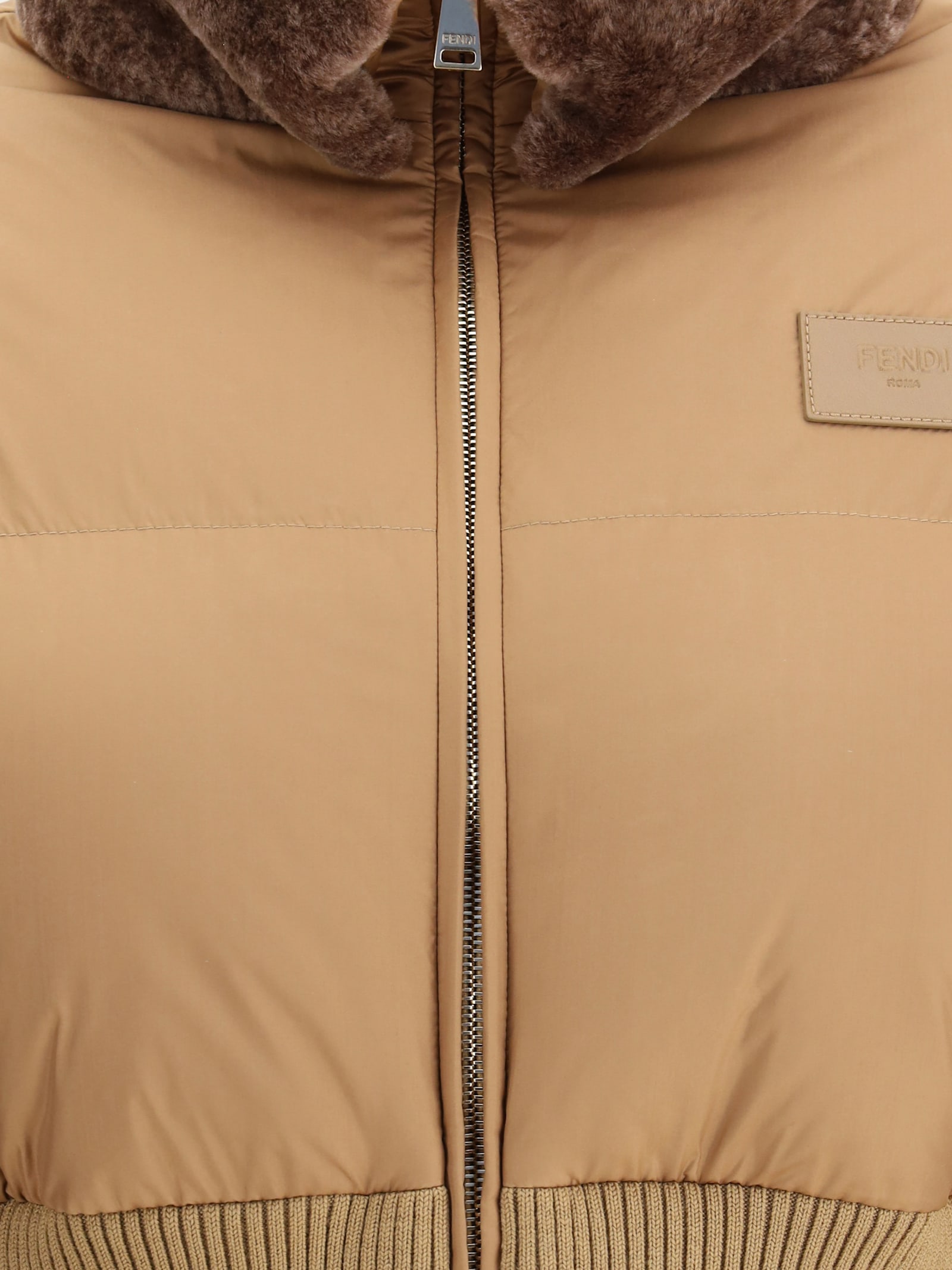 Fendi Cropped Down Jacket With Shearling Lining In Brown