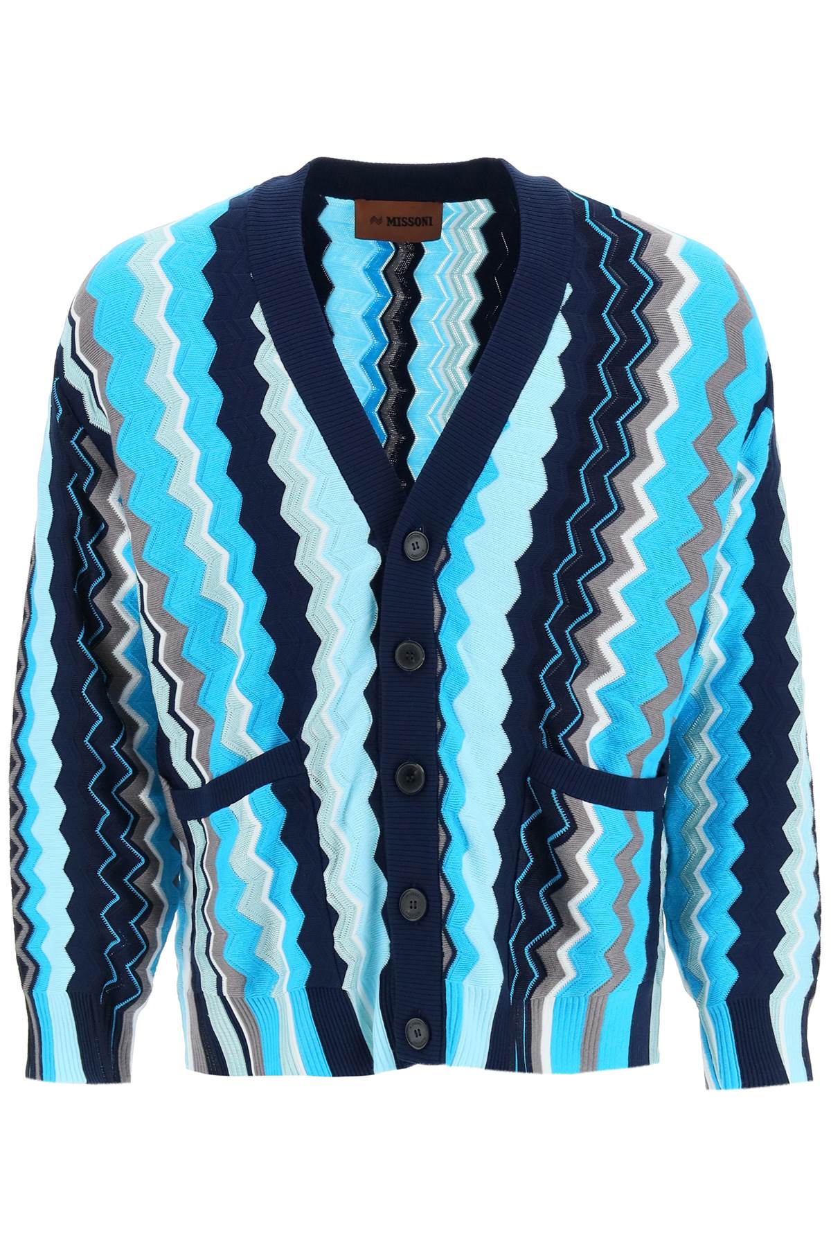 Shop Missoni Patterned Cardigan In White And Blue Tones (blue)