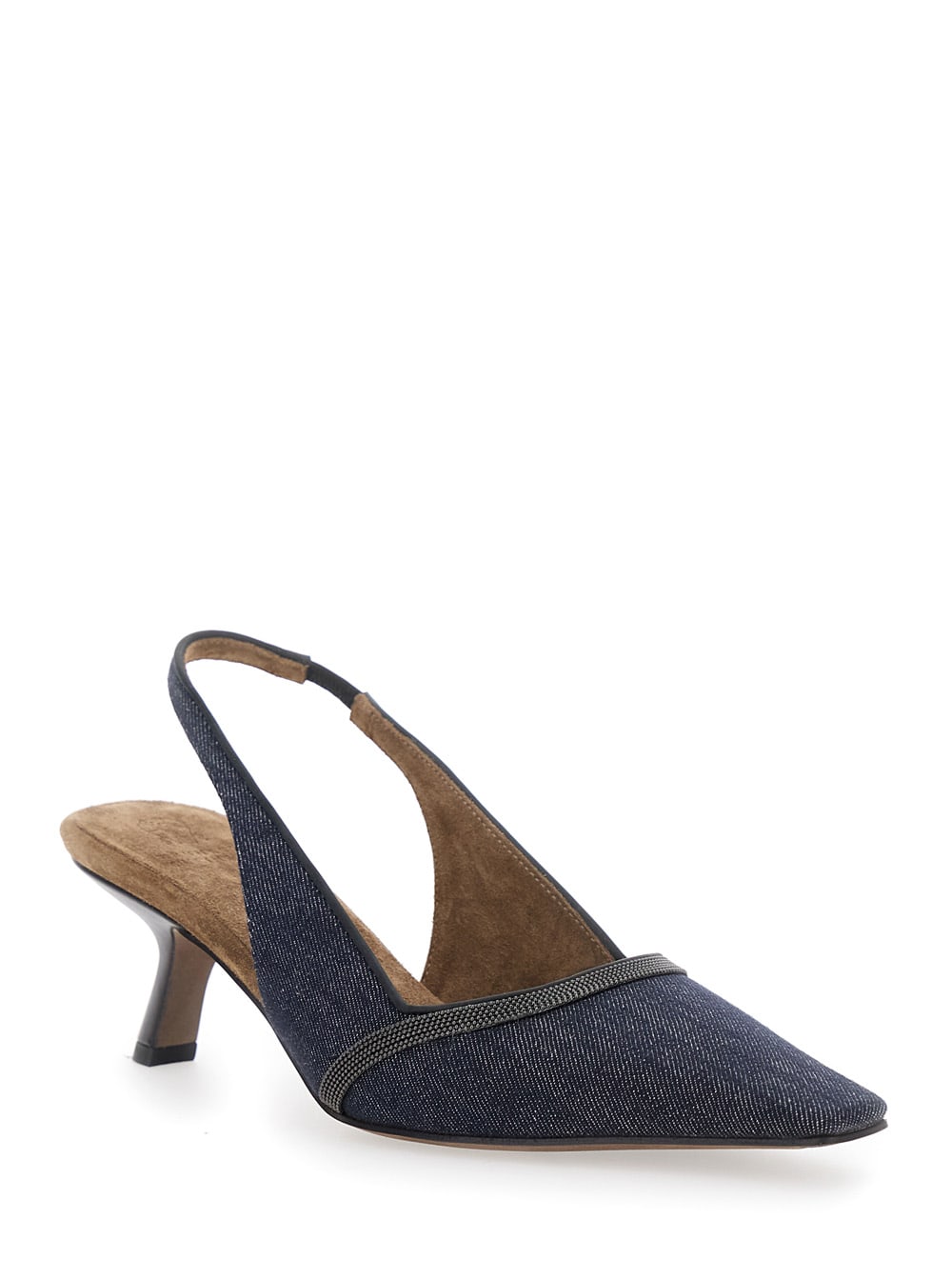 Brunello Cucinelli Denim Pointed-toe Slingback Pumps With Monili Trim In Blue