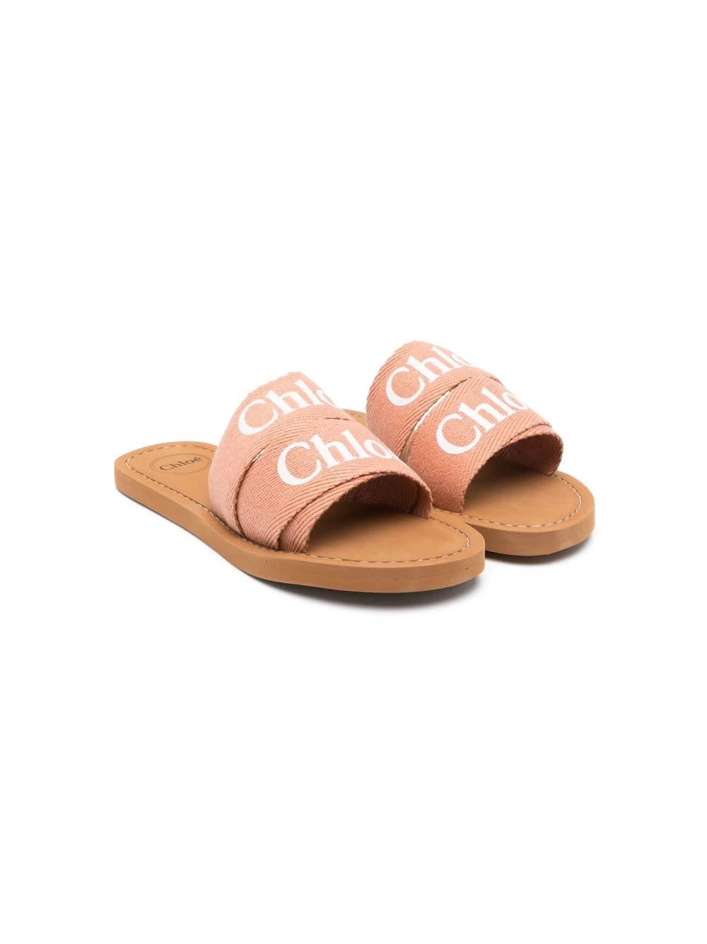 CHLOÉ WOODY SANDAL IN BROWN LINEN WITH LOGO 