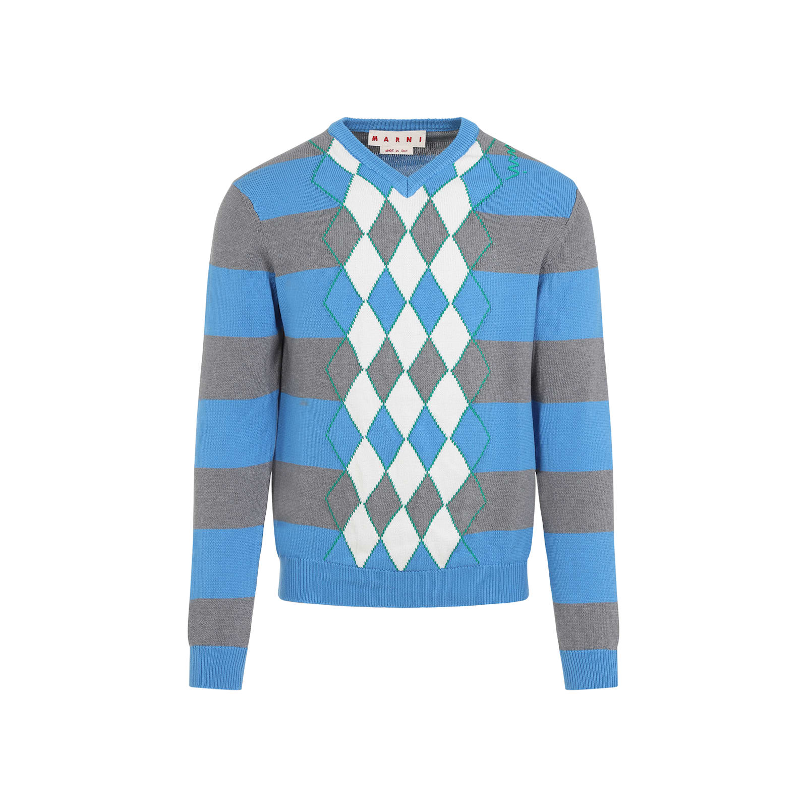 Marni Blue Stripe Sweater With Argyle Motif In Azure