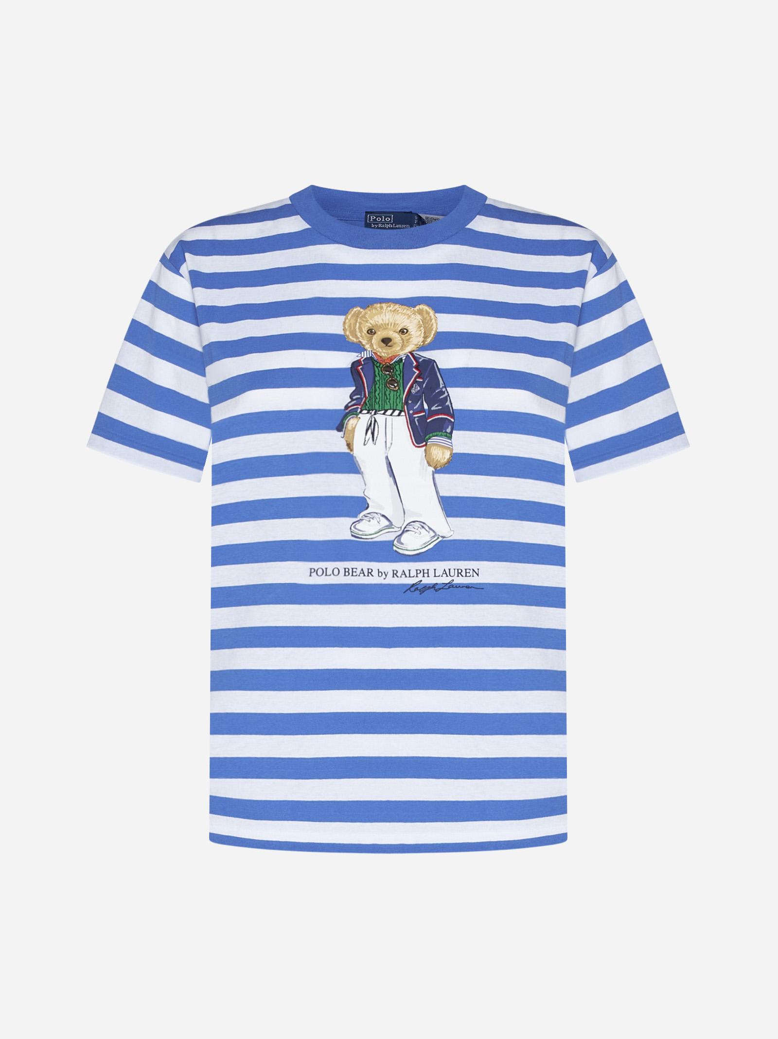 Shop Polo Ralph Lauren Bear Striped Cotton T-shirt In Blu