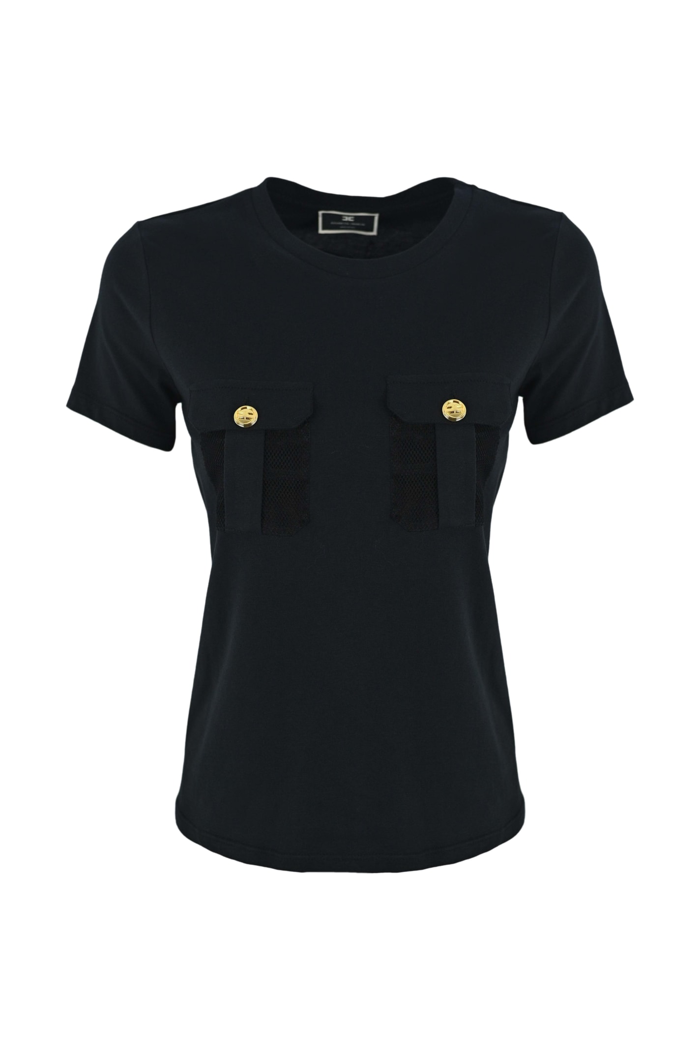 Elisabetta Franchi Crewneck T-shirt With Pockets In Embroidered Organza