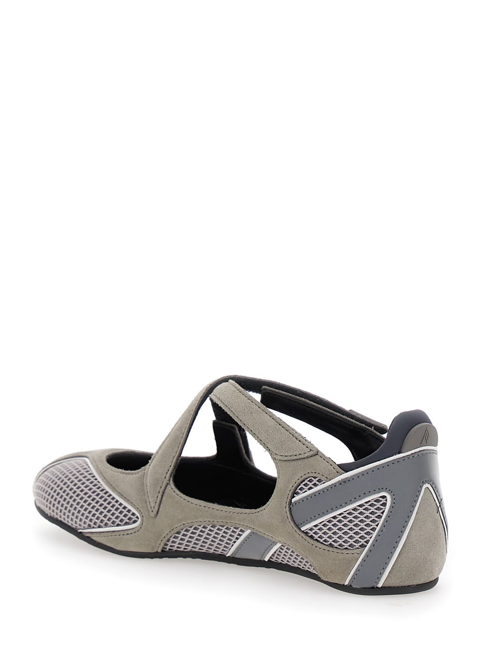 Attico Nomad Grey Ballet Shoes With Criss-crossed Straps And Mesh Panels In Tech Fabric And Suede Woman