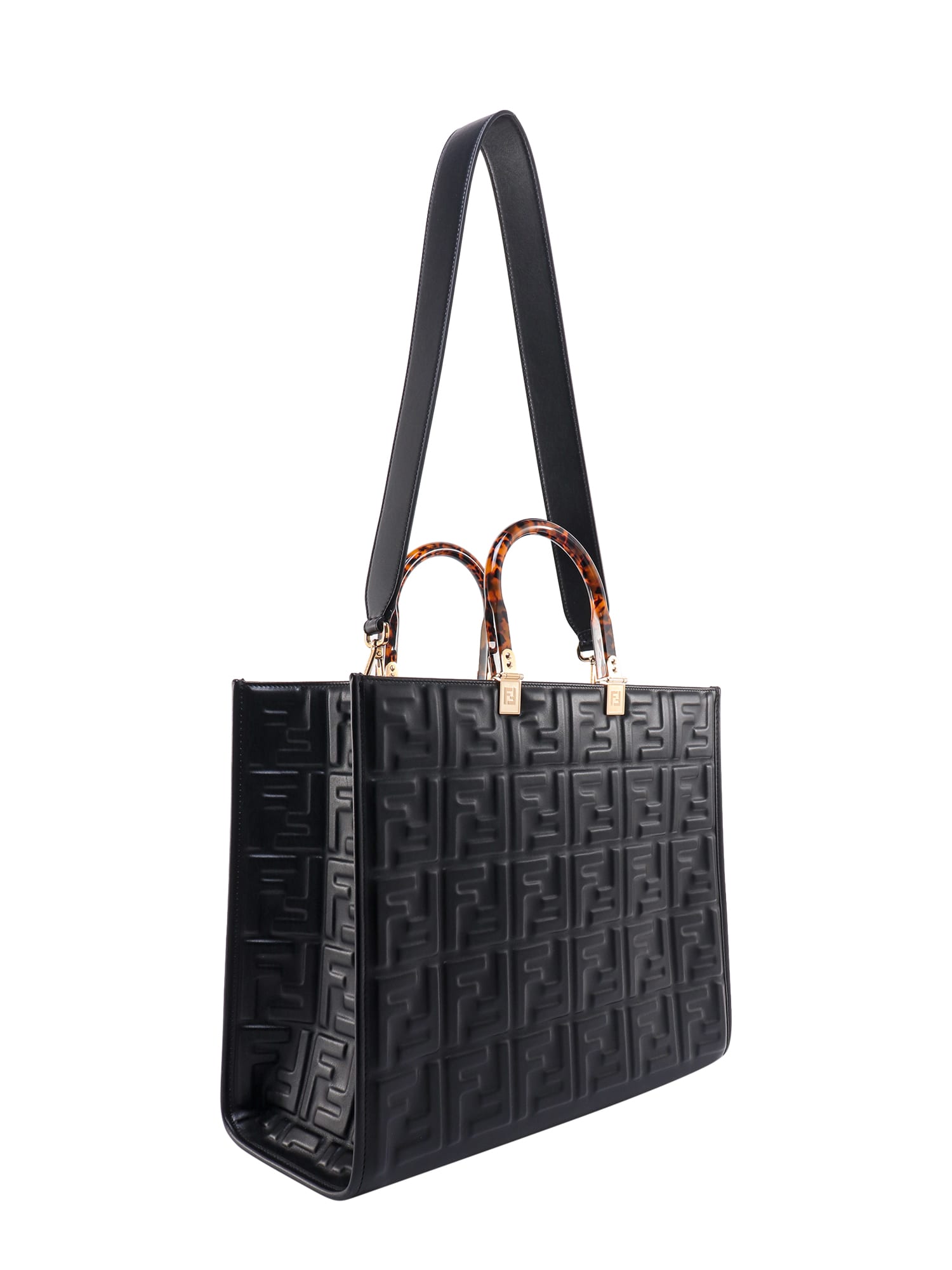 FENDI: Sunshine bag in leather with embossed logo - Black