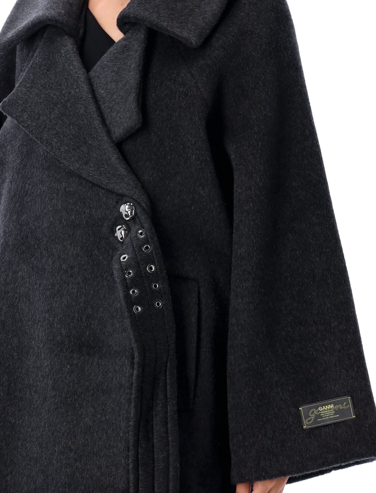 Ganni Double Wool Long Coat In Black