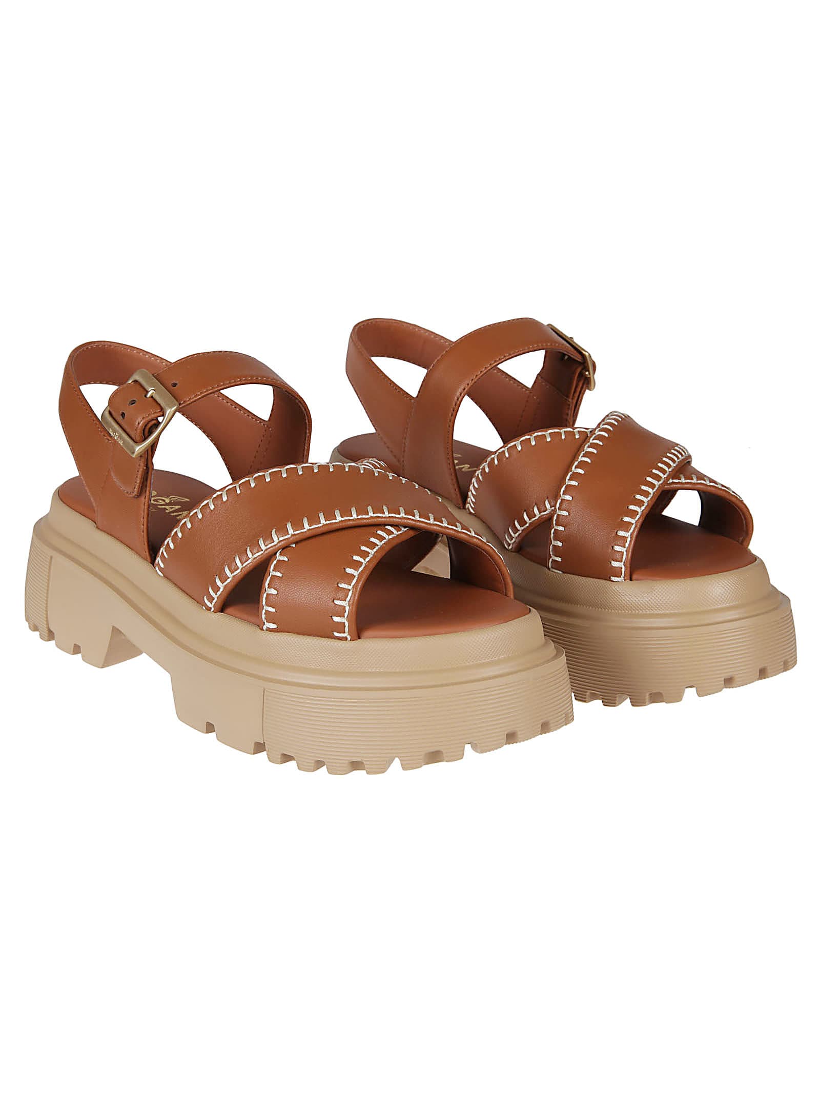 Shop Hogan H644 Sandals In Cuoio Scuro