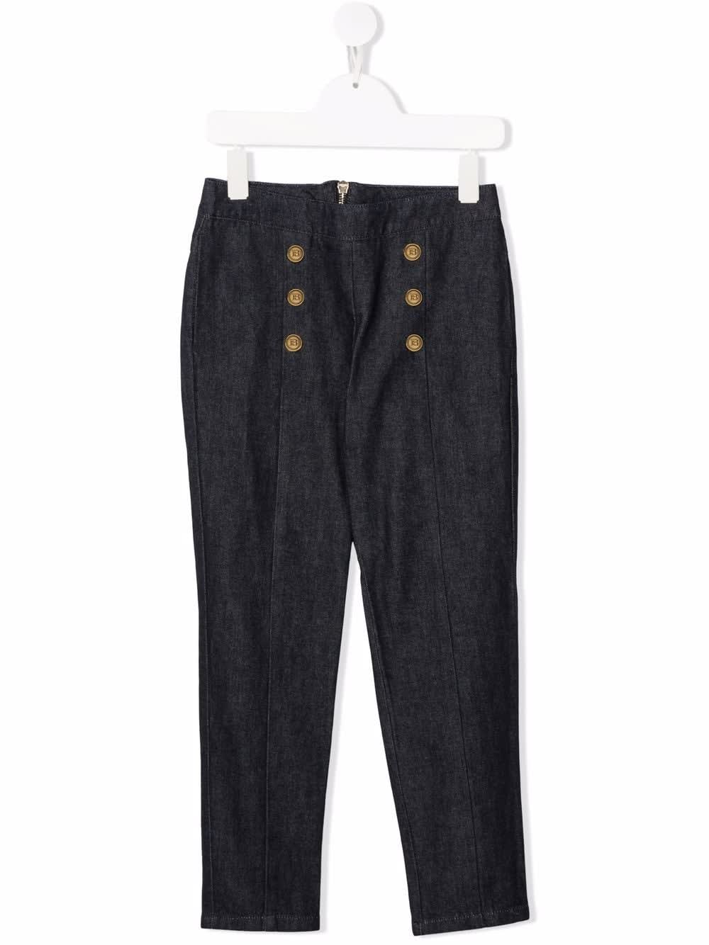 Balmain Navy Blue Kids Tapered Trousers With Golden Embossed Buttons