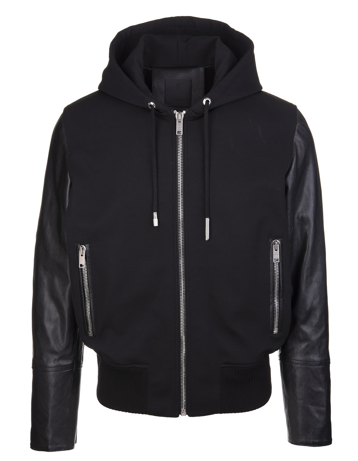 Givenchy Man Black Leather And Jersey Jacket With Hood