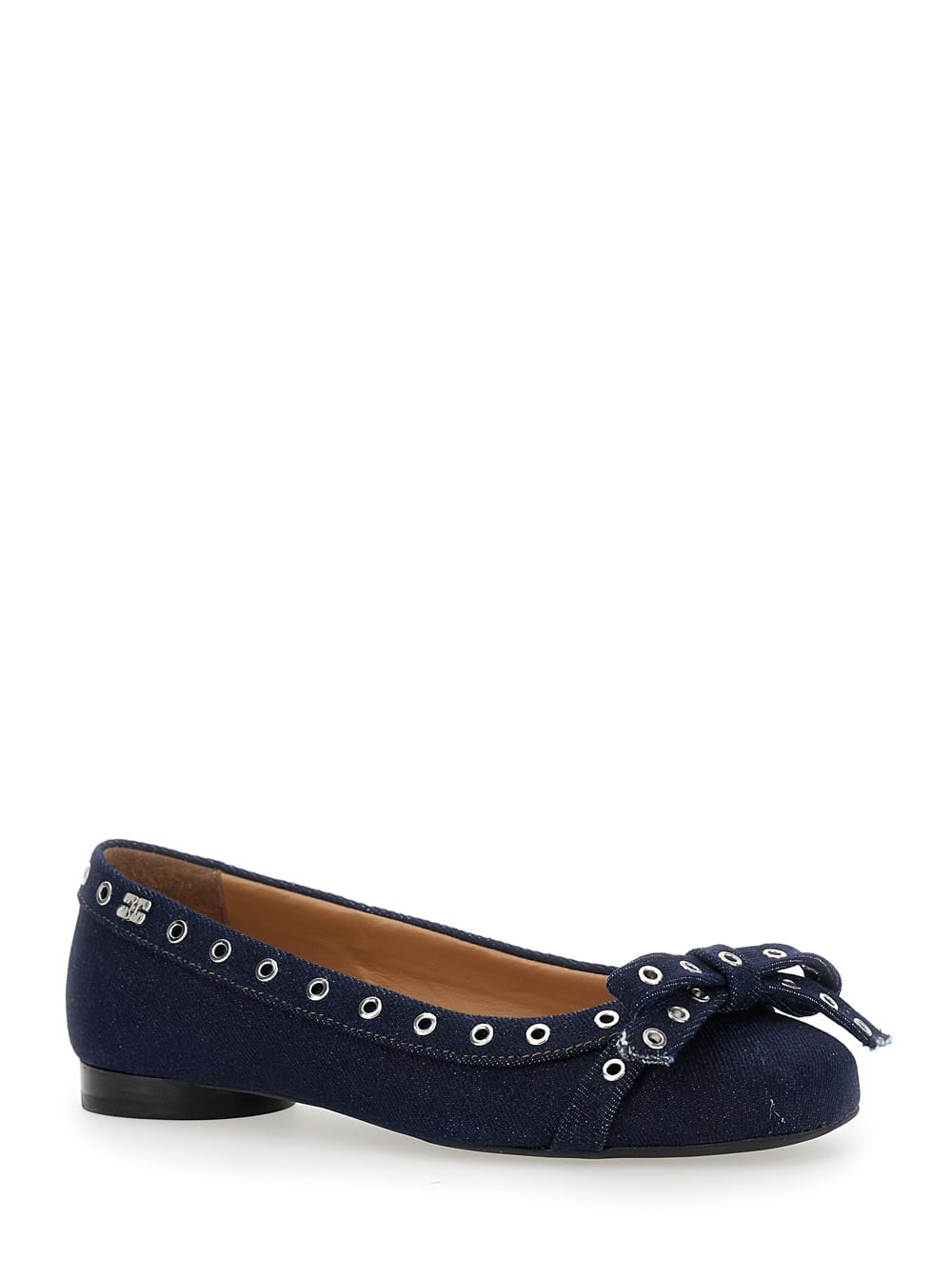 GANNI BLUE BALLET FLATS WITH EYELET DETAILS IN COTTON WOMAN 