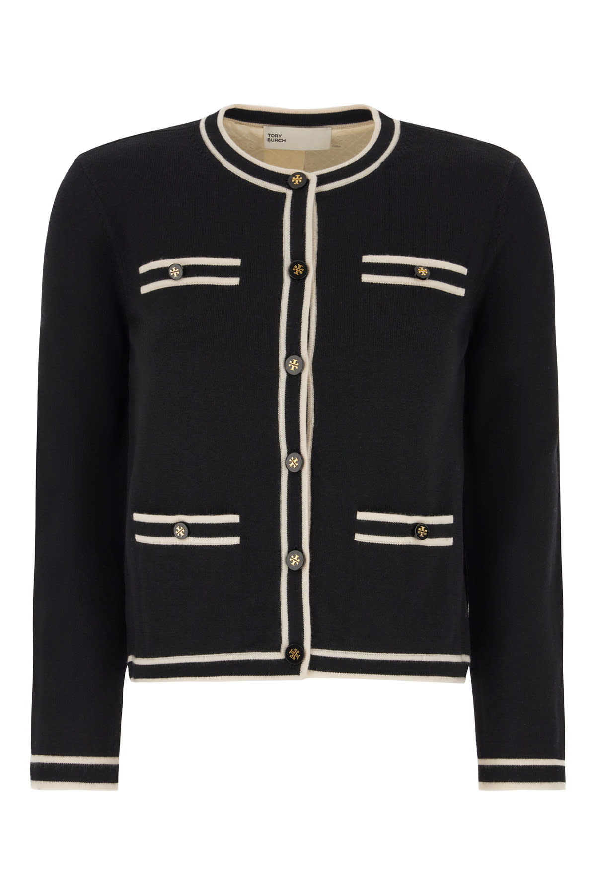 Tory Burch Black Wool Kendra Cardigan In Black French Cream