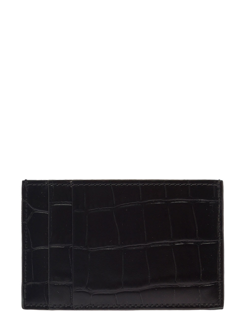 Shop Alexander Mcqueen Black Card-holder With Mini Skull Patch In Croco Embossed Leather Man