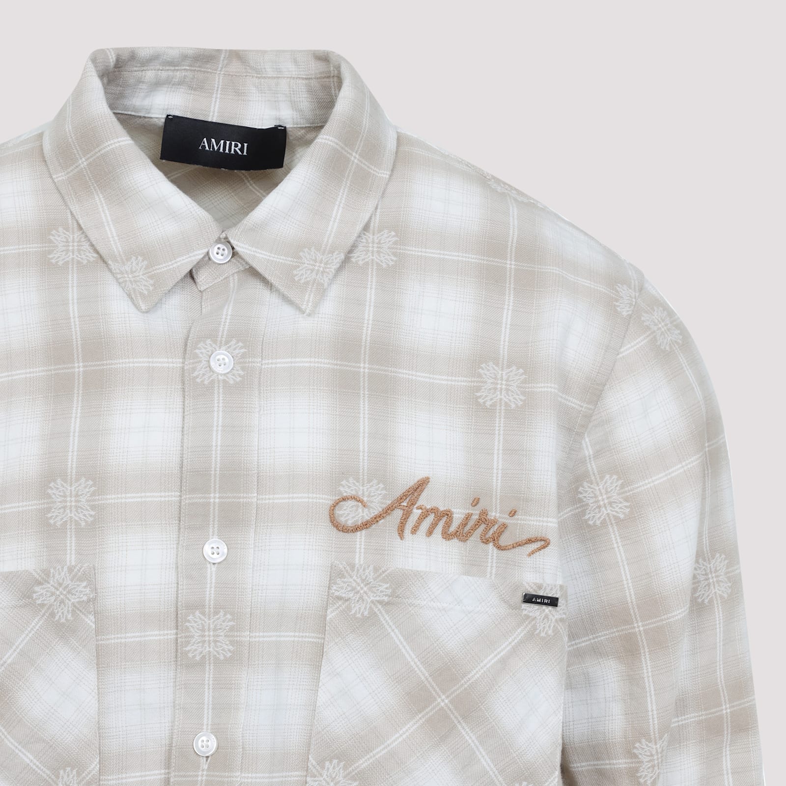 Amiri Light Camel Cotton Bleach Patch Flannel Bandana Shirt In Brown