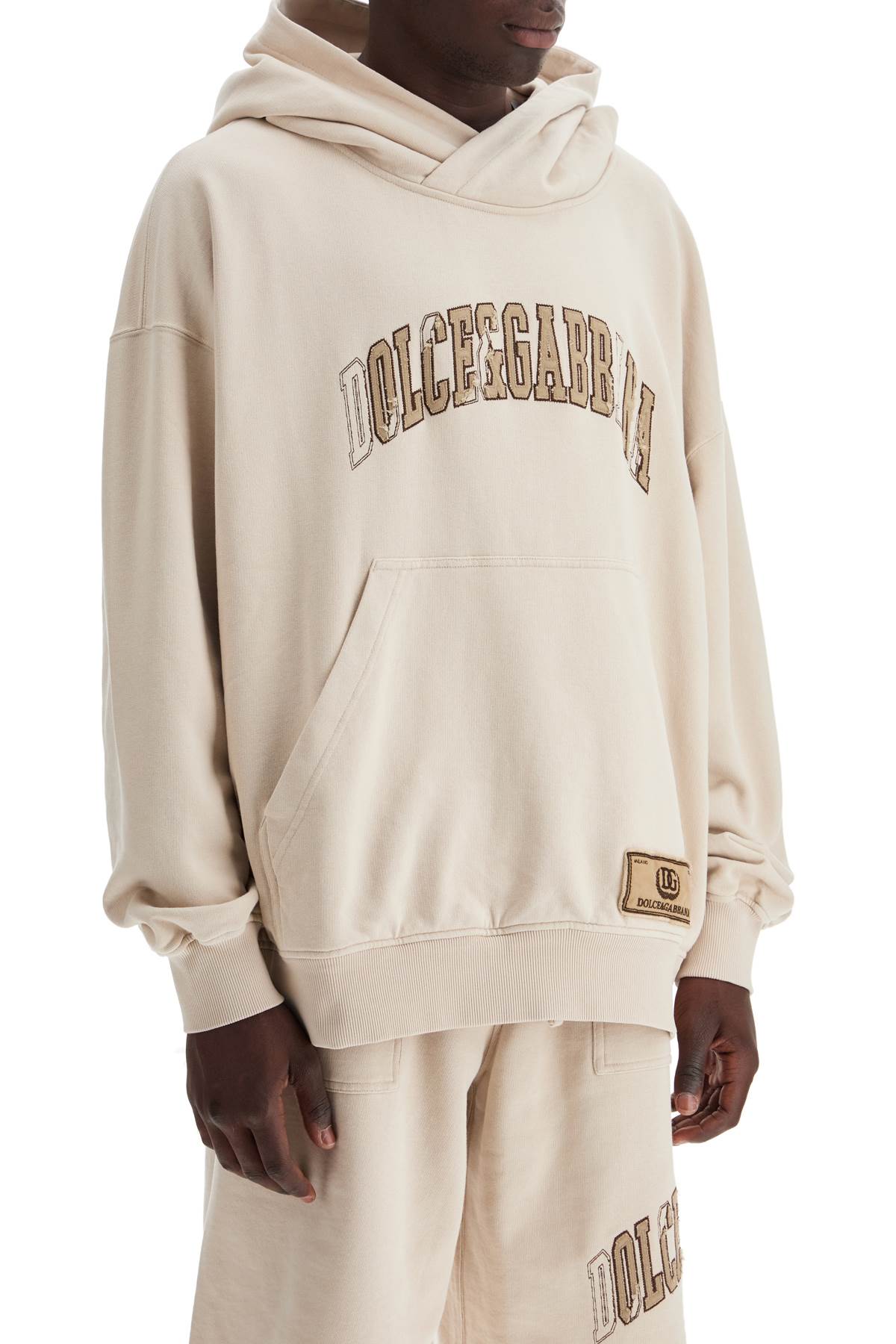 Shop Dolce & Gabbana Hooded Sweatshirt With Embroidered Logo In Pergamena Medio