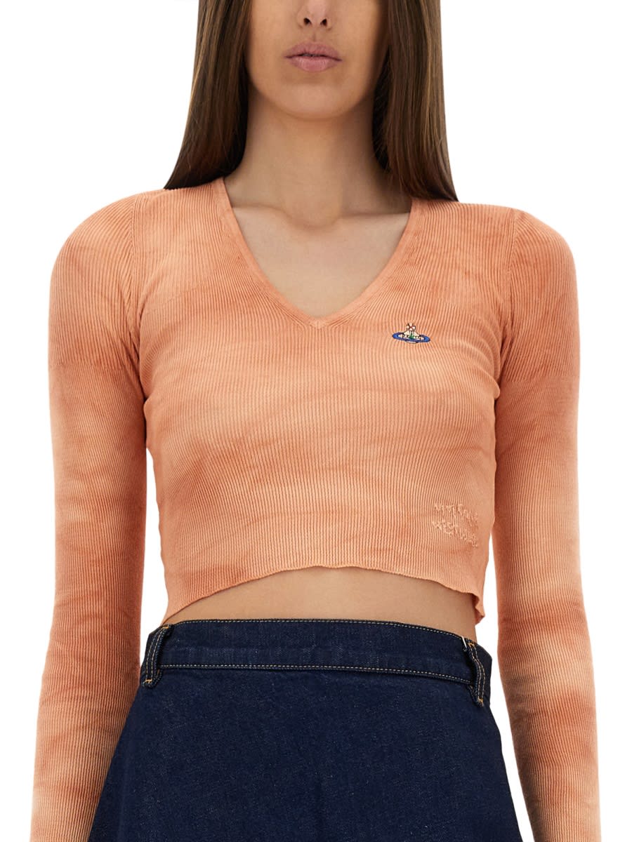 Vivienne Westwood Cropped Ribbed V-neck Slim Fit Top In Orange