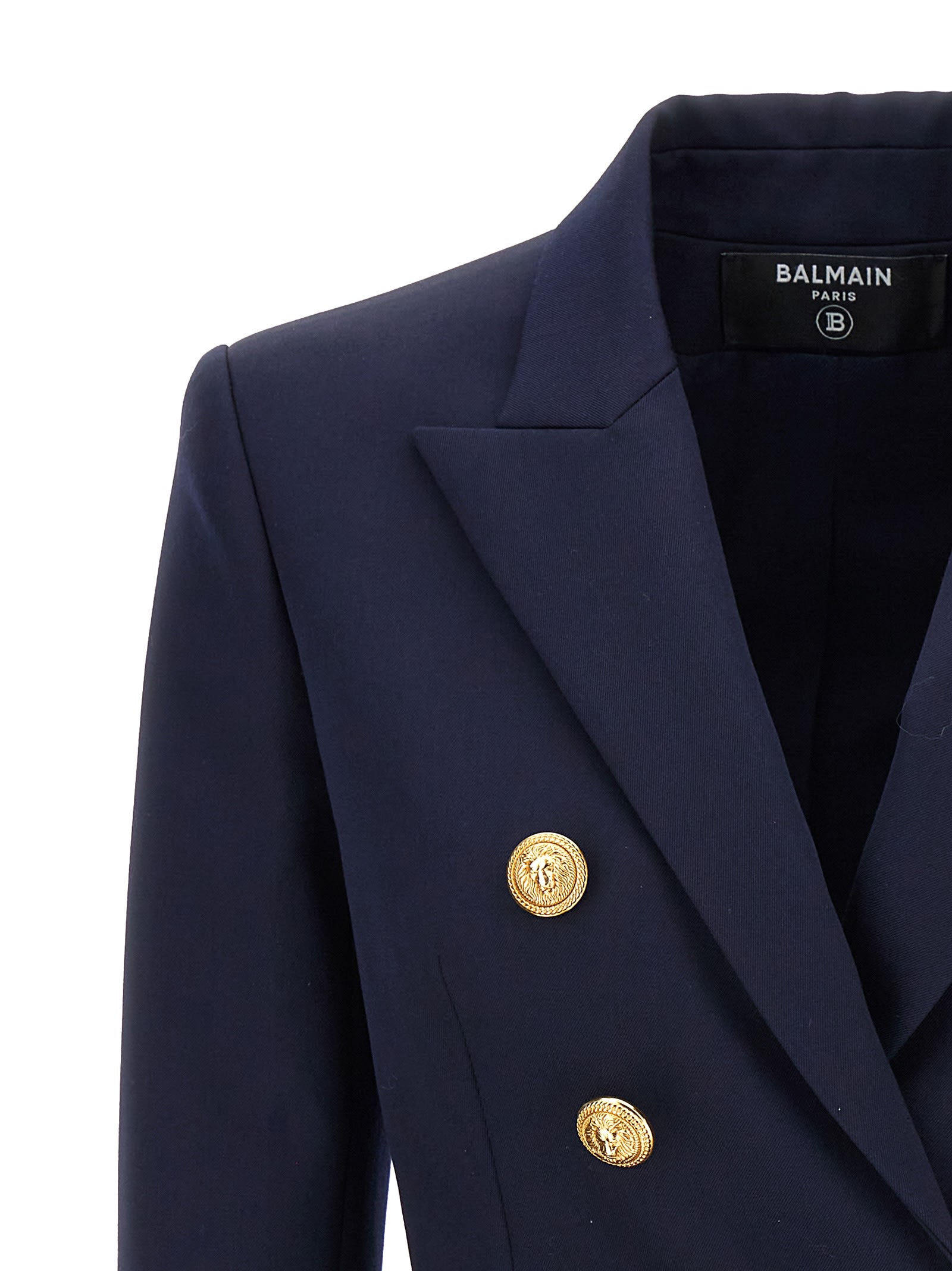 Shop Balmain Logo Button Double-breasted Blazer In Blue