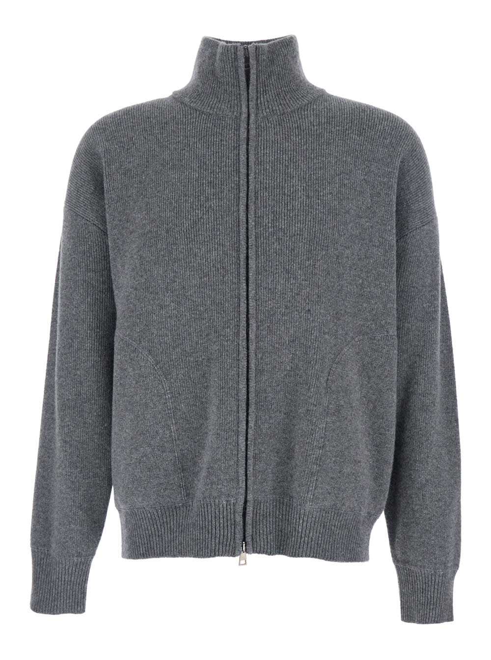 Roberto Collina Grey Sweatshirt With Dropped Shoulders And Front Zip Closure In Wool Man In Gray