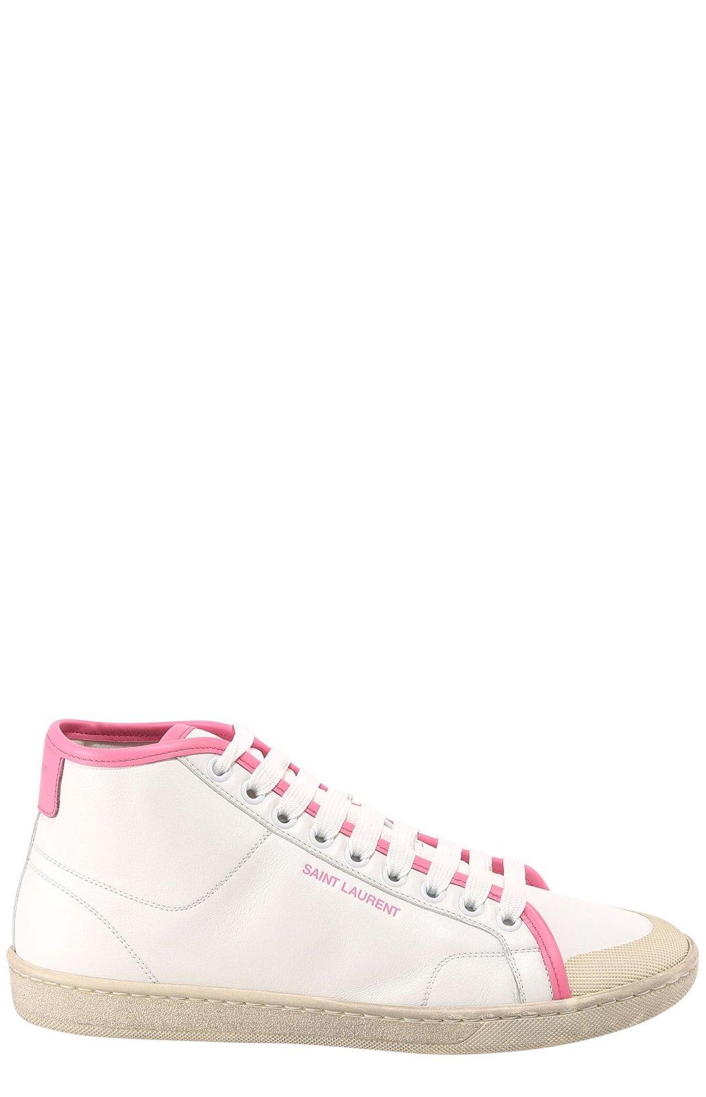 Shop Saint Laurent Logo Mid-top Sneakers In White