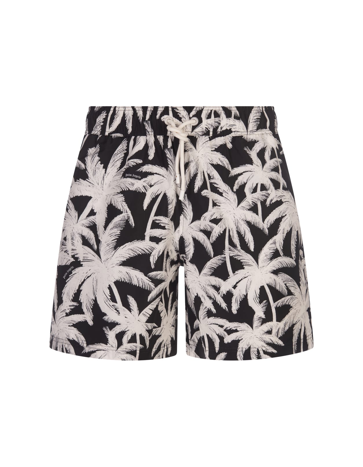 Black Swim Shorts With Palm Print All-over