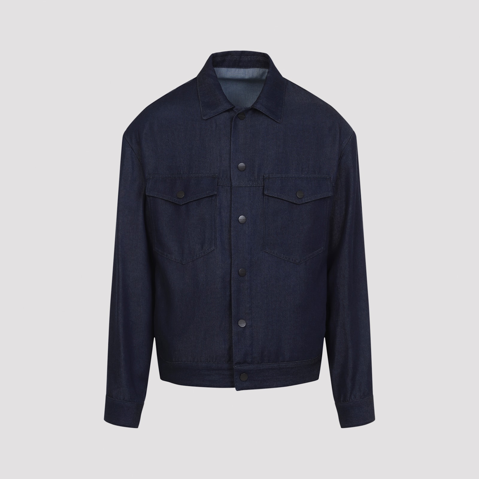 Giorgio Armani Collared Long Sleeve Jacket With Chest Pockets In Blue