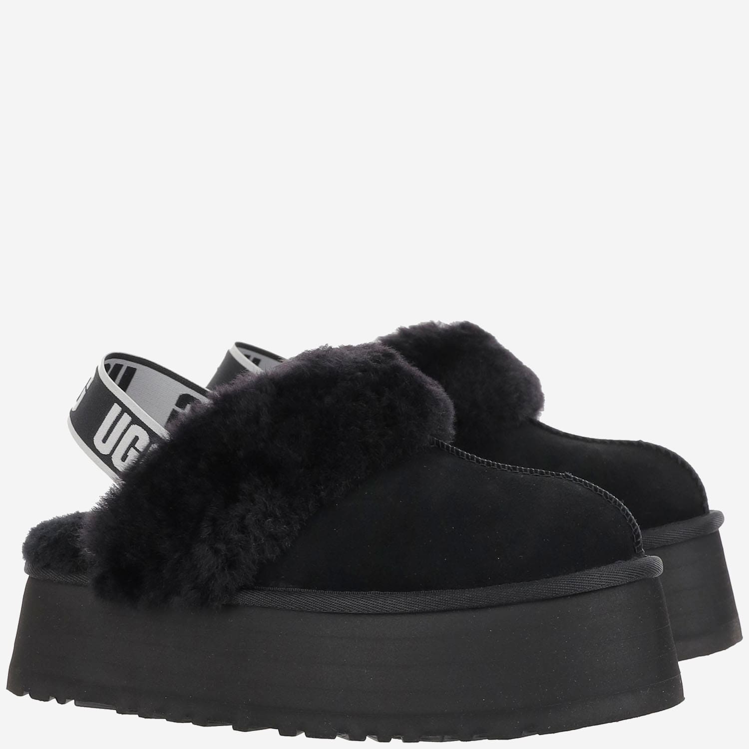 Ugg Platform Strap Mules In Black Leather With Faux Fur Trim In Black