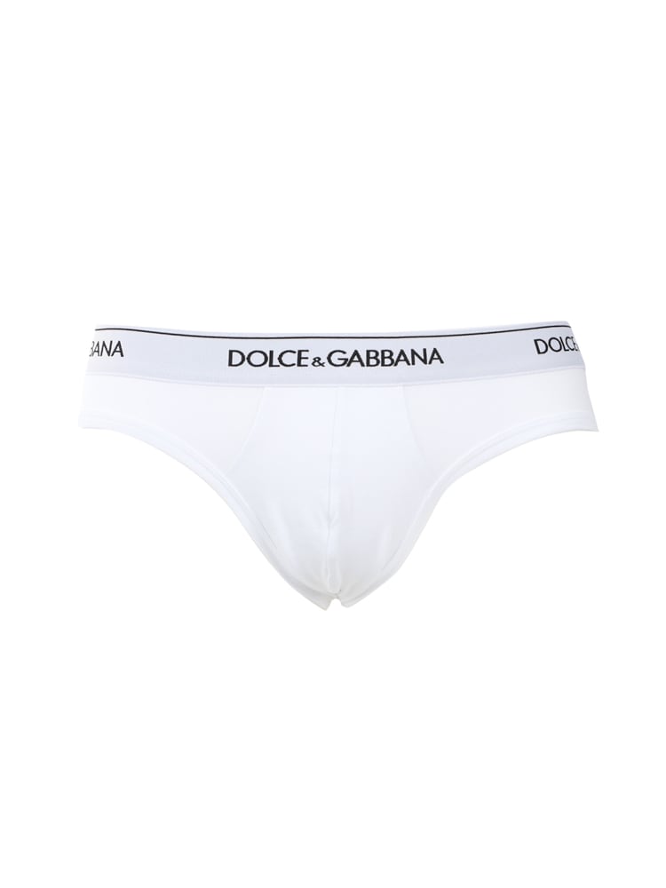 Shop Dolce & Gabbana Set Of Two Stretch Cotton Briefs With Contrasting Logo In Bianco Ottico