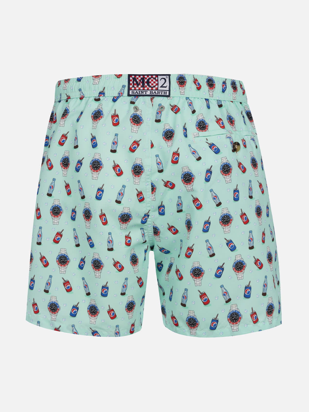 Mc2 Saint Barth Man Lightweight Fabric Swim-shorts Lighting Micro Fantasy With Watches And Drinks Print In Green