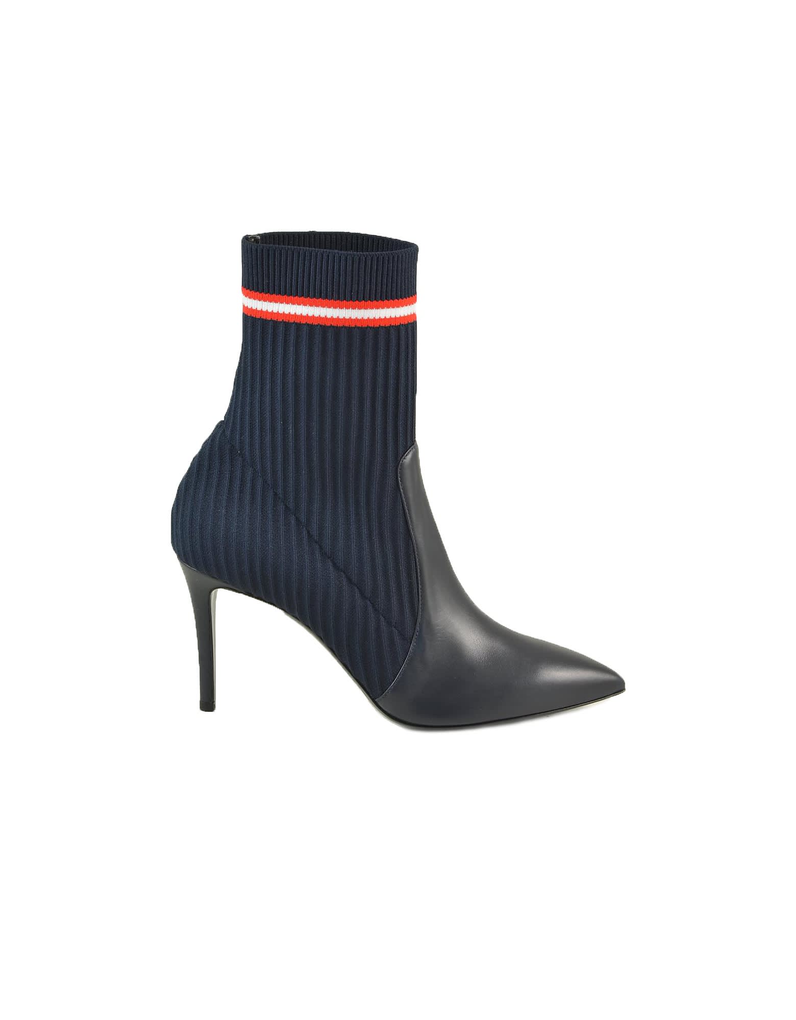 Paoloni Dark Blue Leather And Fabric Sock Booties