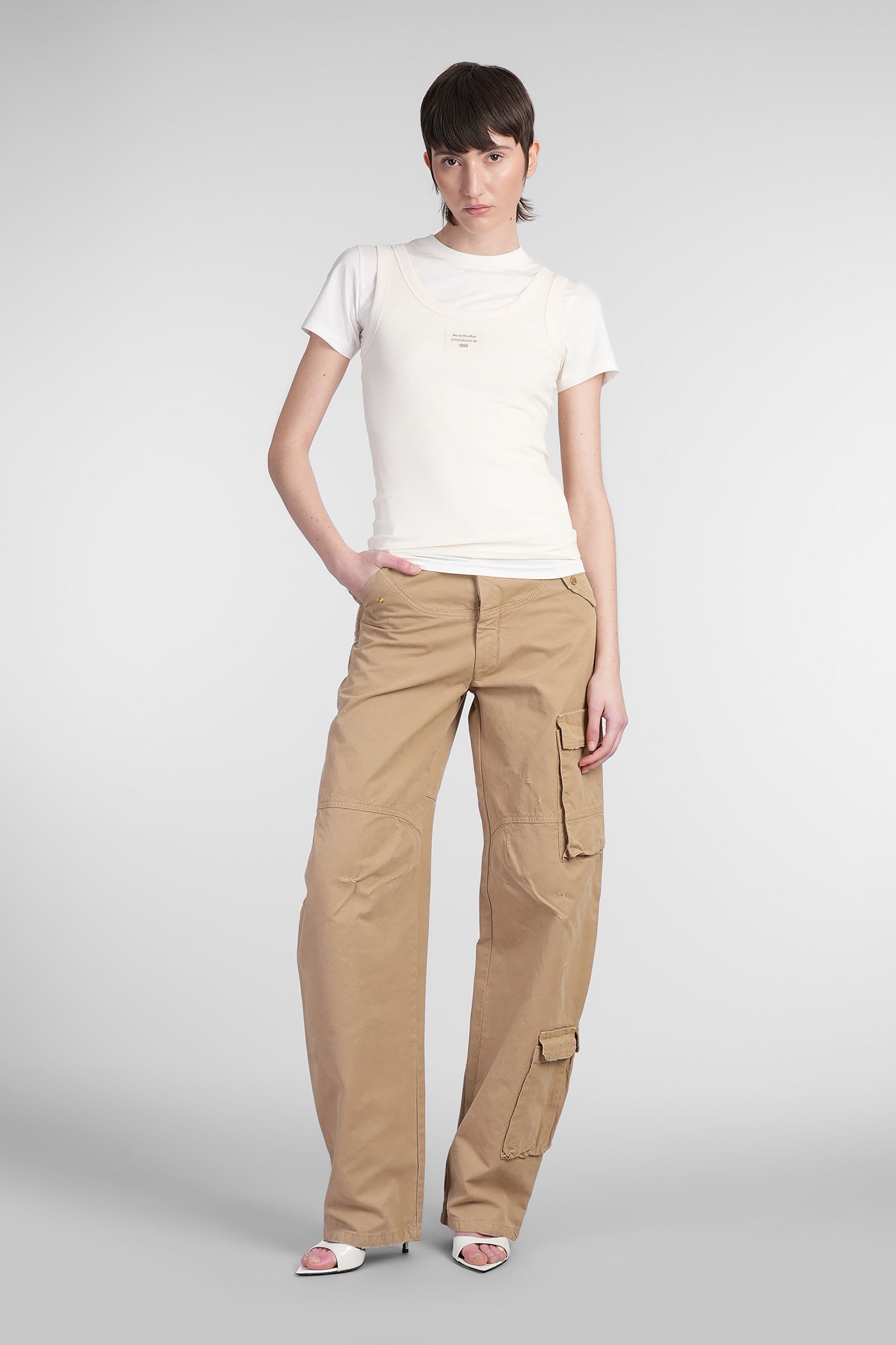 Darkpark Frayed Hem Cotton Rosalind Cargo Pants With Logo-buttons In Nude