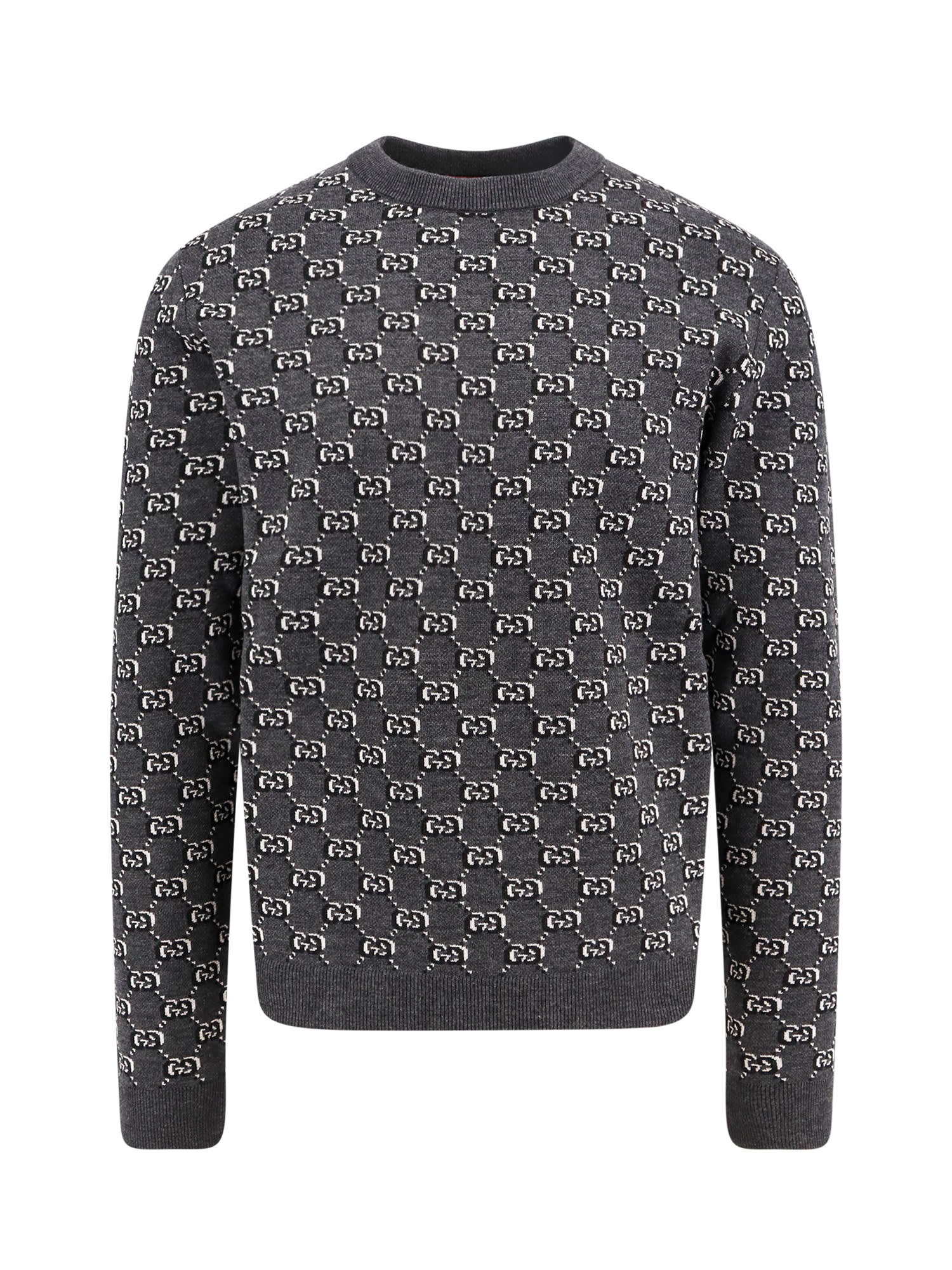 Gucci Men Grey Crewneck Sweater With Jacquard Gg Shadow In Wool Man In Blue