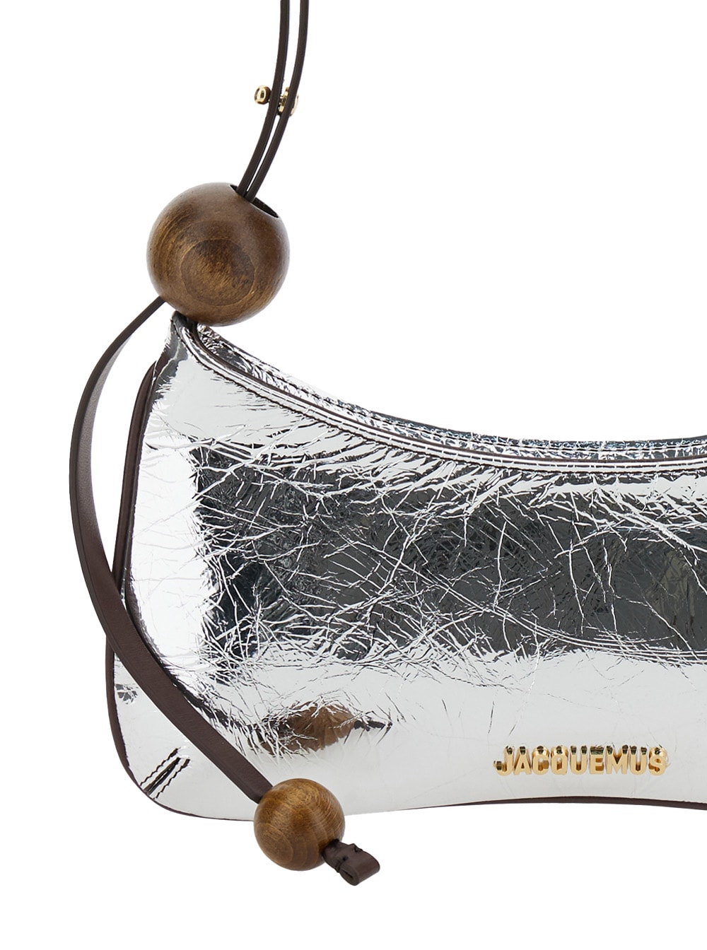 Shop Jacquemus Le Bisou Perle Silver Shoulder Bag With Logo Detail In Laminated Leather Woman In 980 Silver