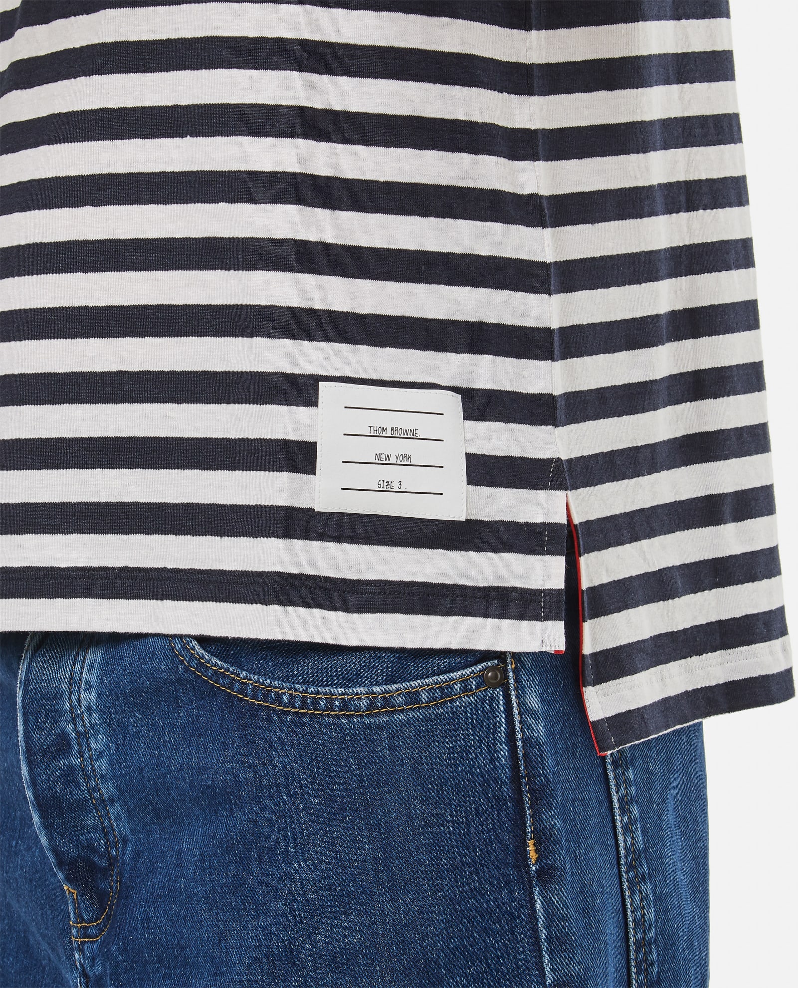 Thom Browne Linen Striped Pocket T-shirt In Blue | ModeSens