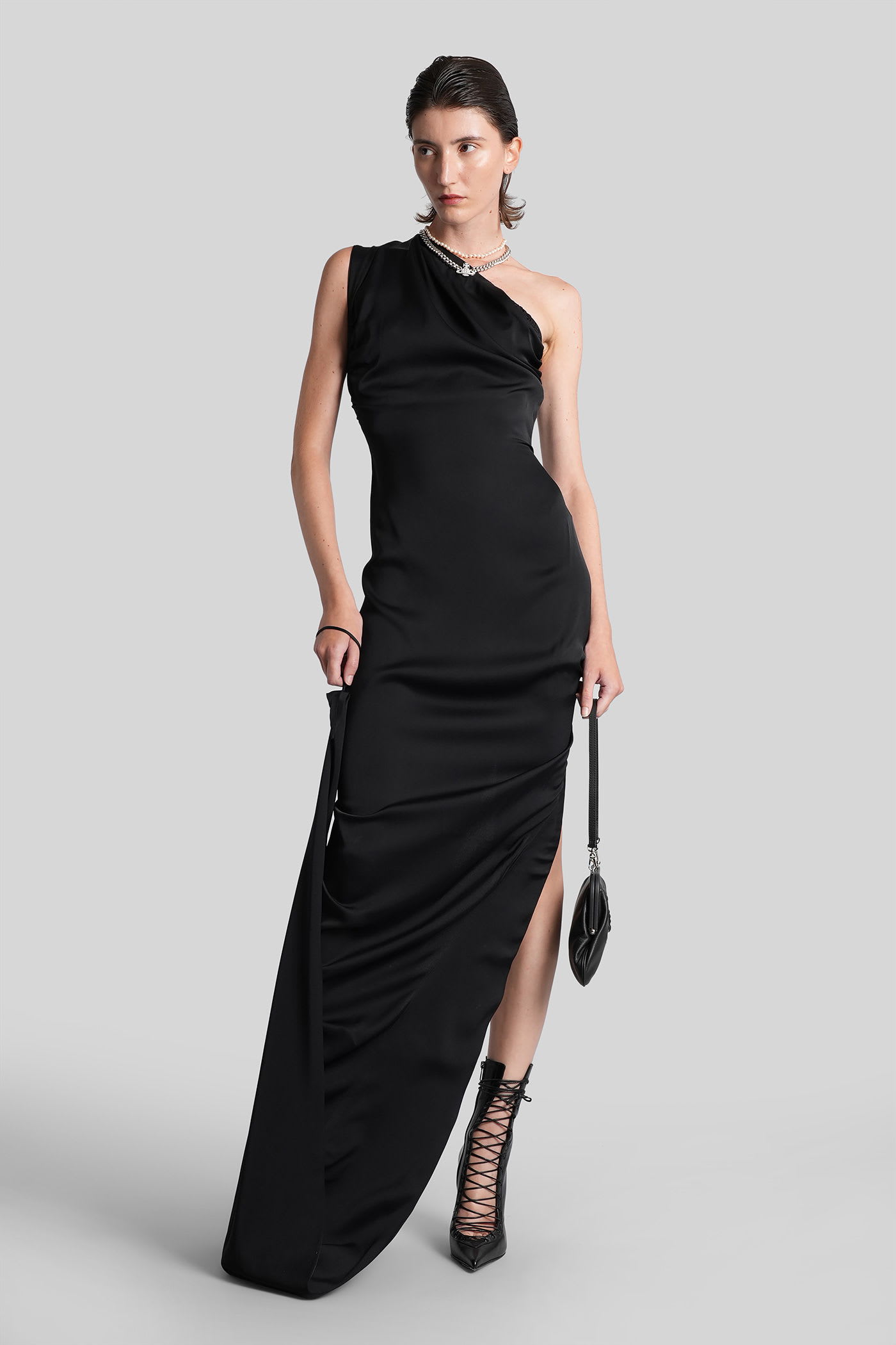 Vivienne Westwood Long One Shoulder Draped Satin Dress In Black